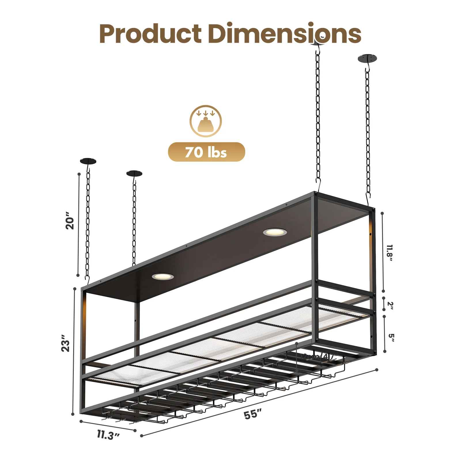 Advwin 55" Industrial Ceiling Wine Glass Rack with LED - Image 2