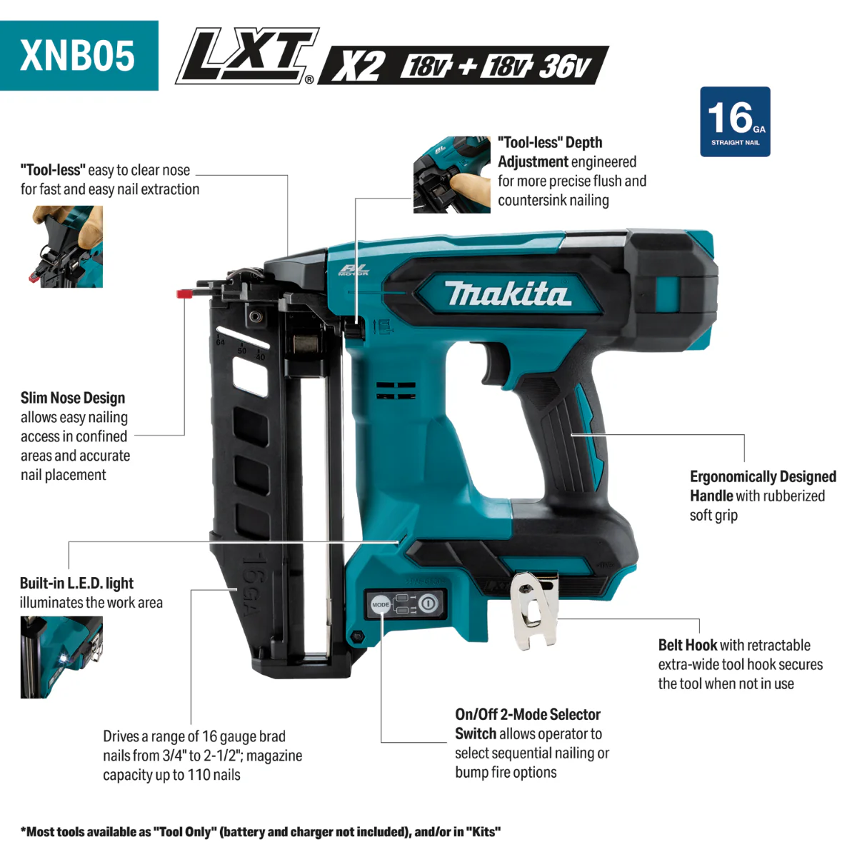 Makita XNB05Z 18V LXT Brushless Cordless 2-1/2-in. Straight 16-Gauge Finish Nailer, Tool Only - Image 2