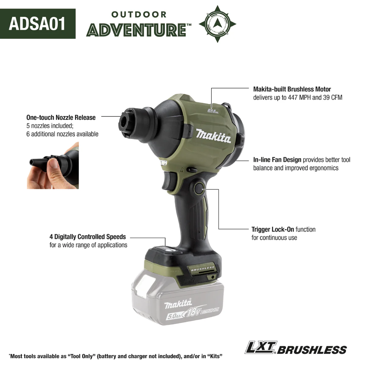 Makita ADSA01Z Outdoor Adventure 18V LXT Brushless Cordless High Speed Blower/Inflator, Tool Only - Image 2