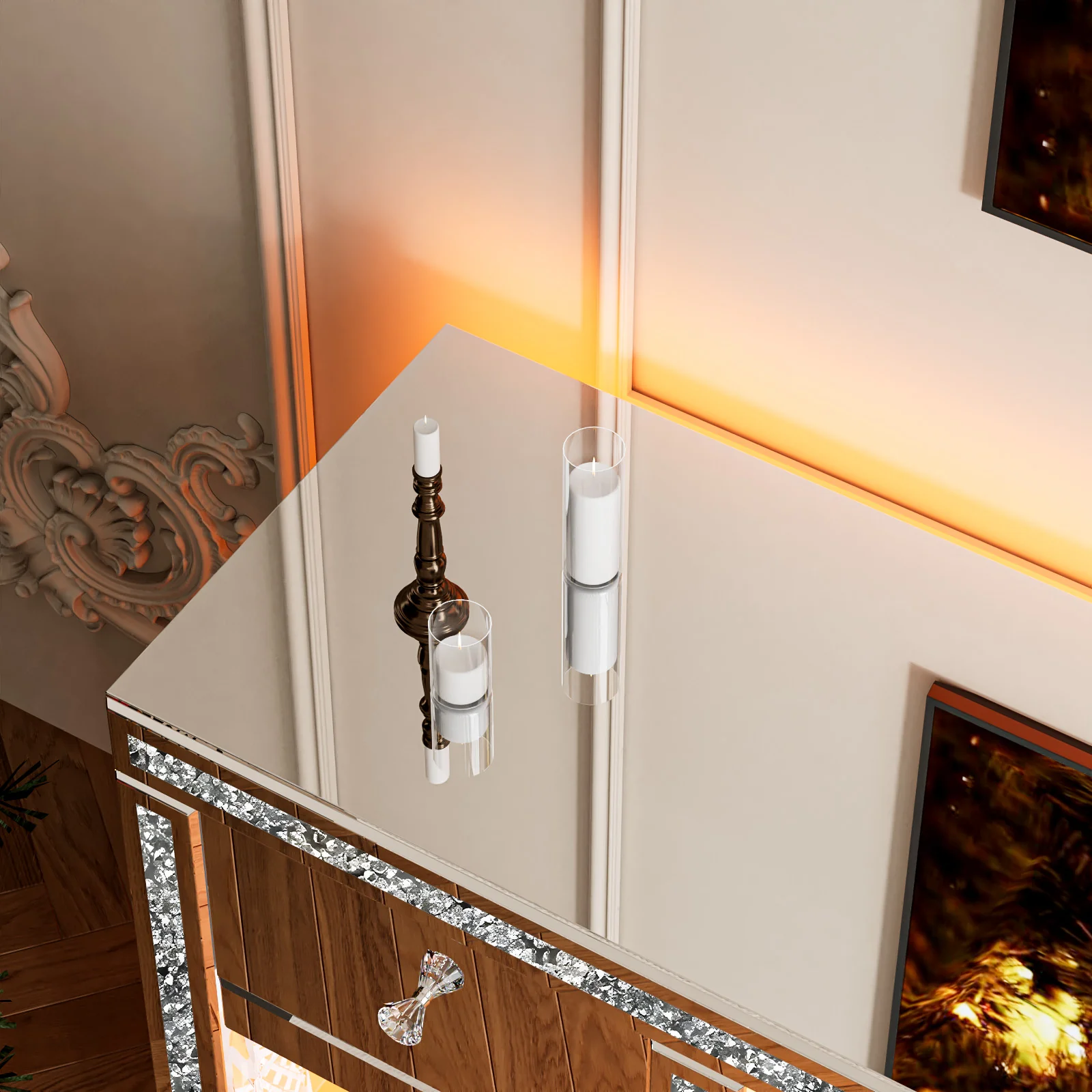 Advwin Mirrored TV Stand with Simulated Fireplace - Image 3