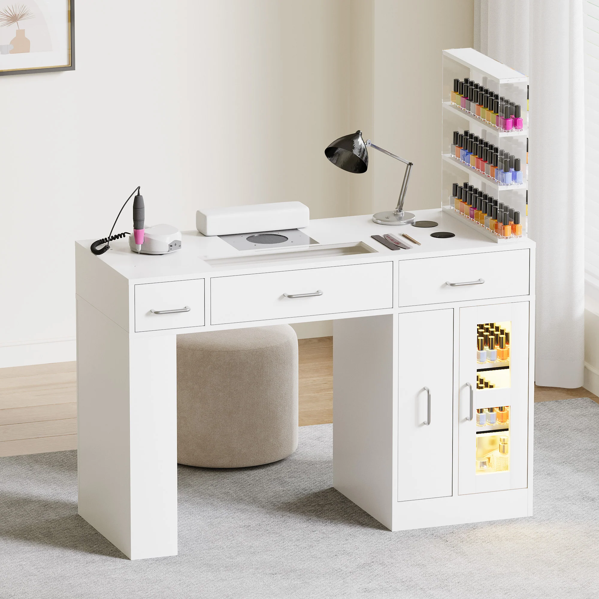 Advwin Acetone-Resistant Manicure Table w/Movable Shelves