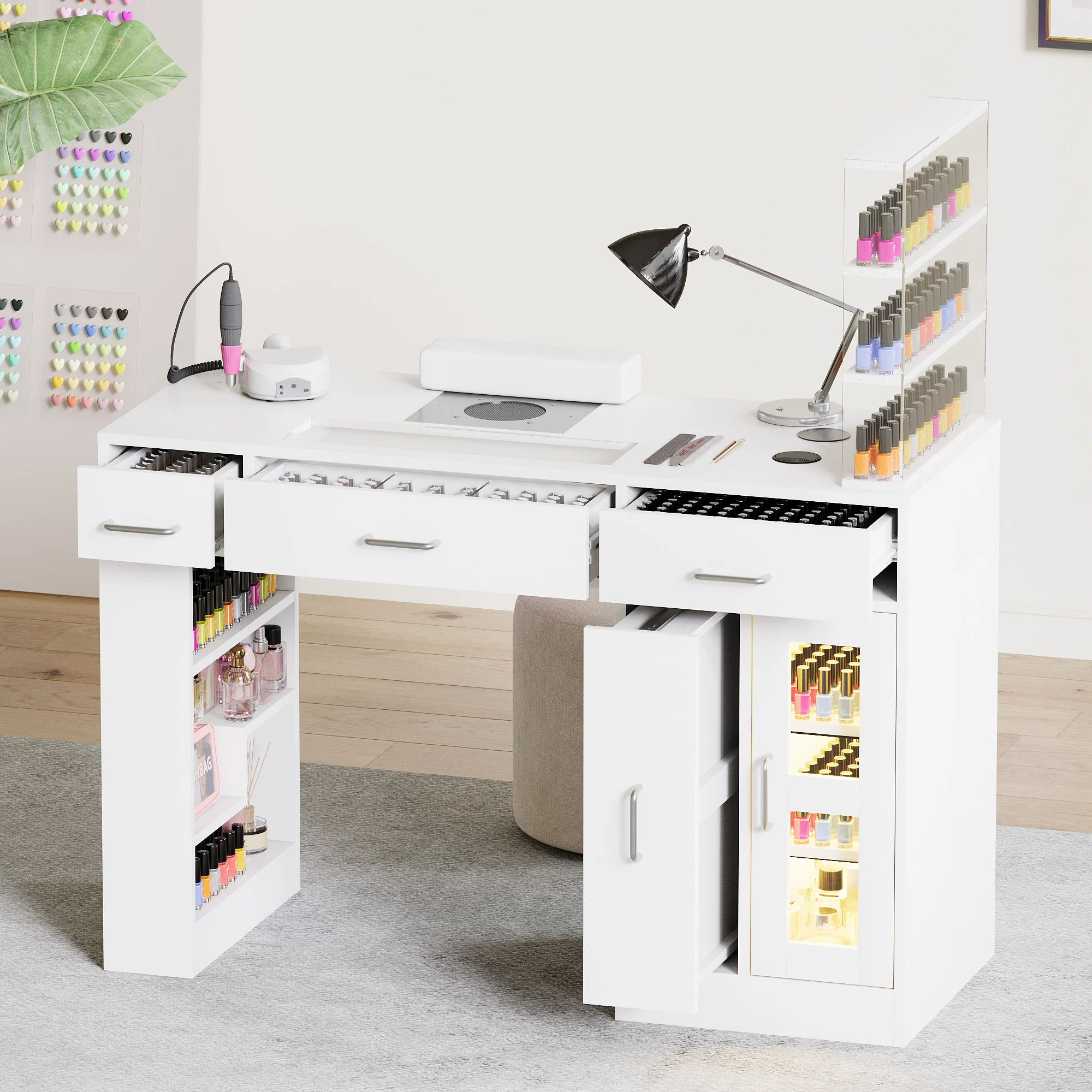 Advwin Acetone-Resistant Manicure Table w/Movable Shelves - Image 2
