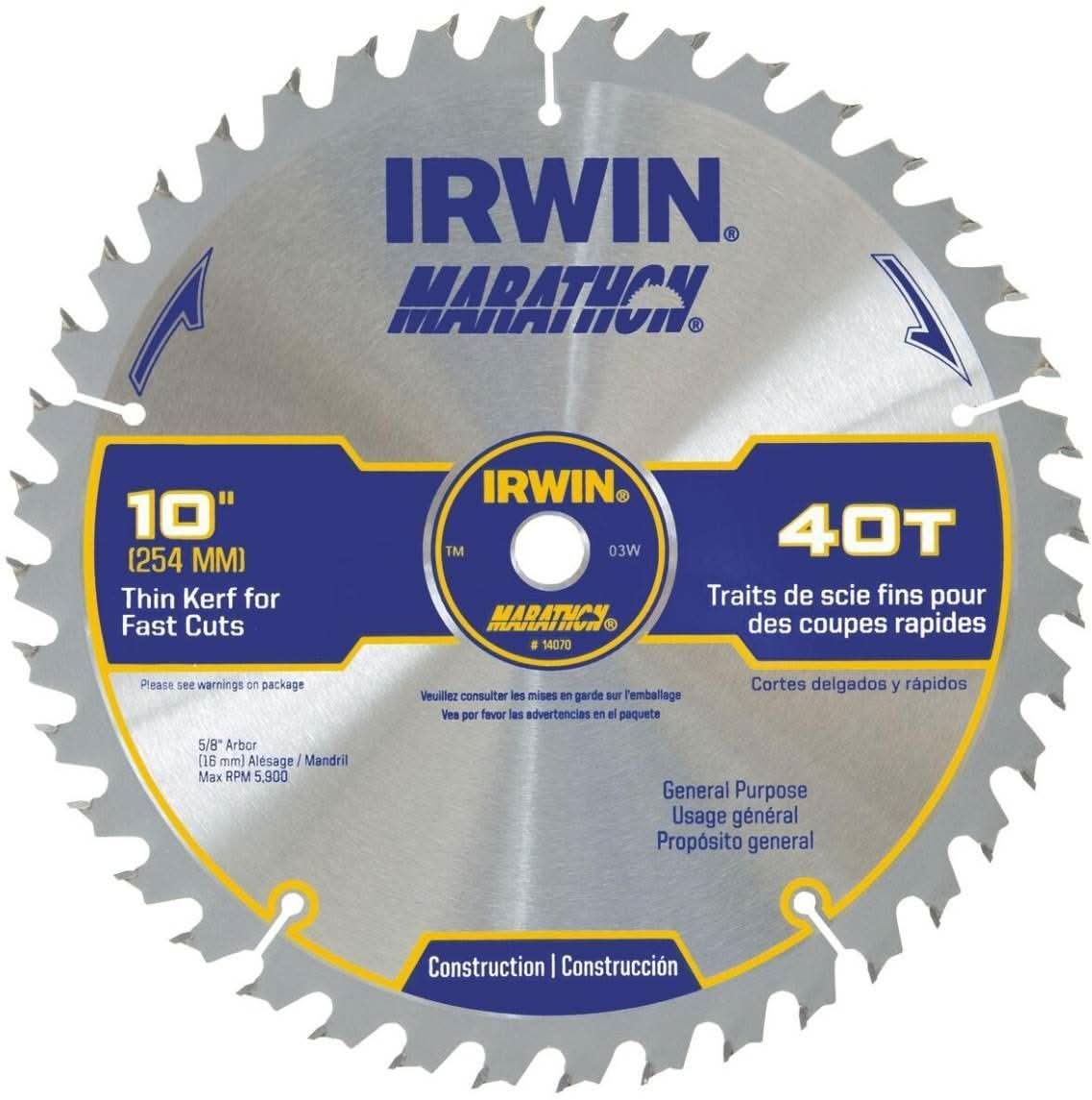 Irwin 14070 MARATHON Portable Corded Carbide Saw Blade 7-1/4-in. 40-Tooth 5/8-in. Diamond Arbor - Image 3