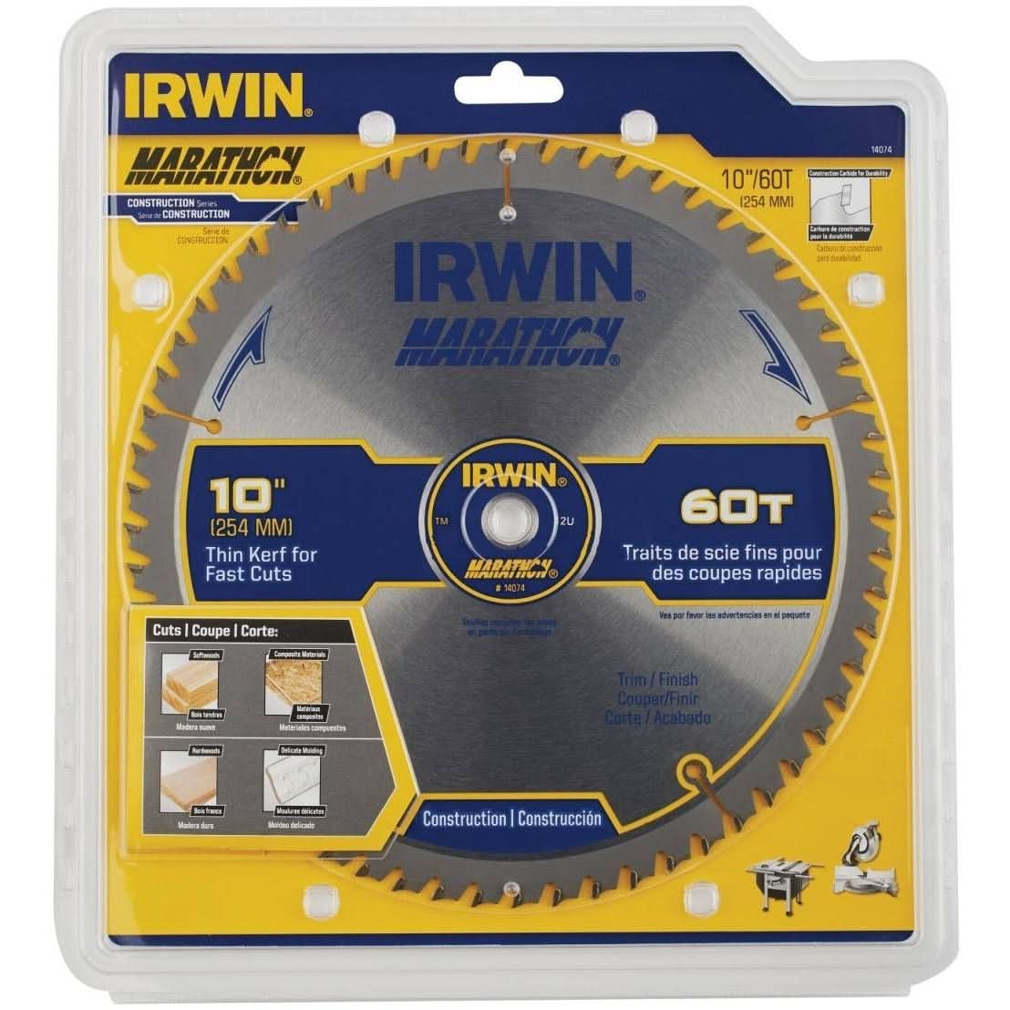 Irwin 14074 MARATHON Miter/Table Carbide Saw Blade 10-in. 60-Tooth 5/8-in. Diamond Arbor - Image 1