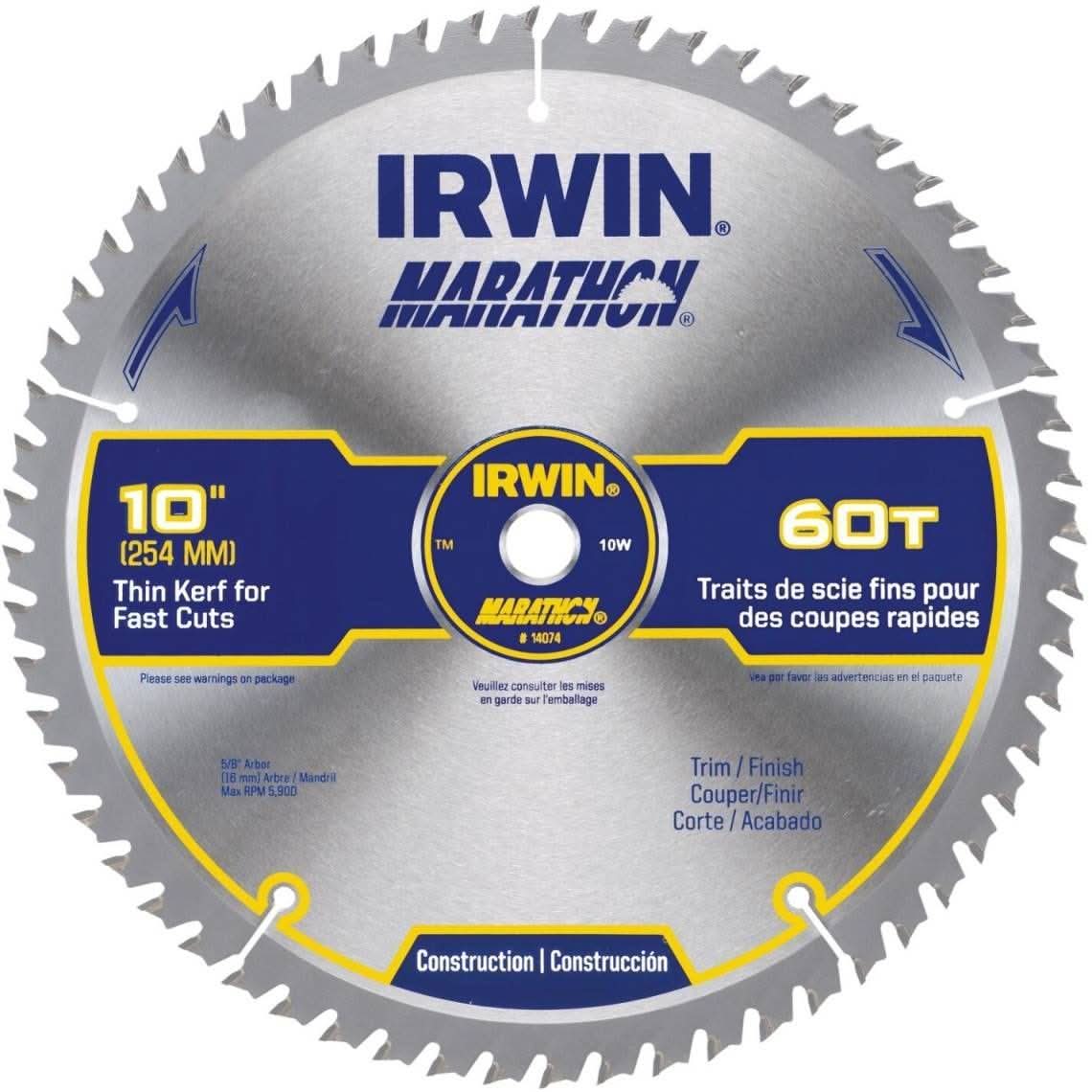 Irwin 14074 MARATHON Miter/Table Carbide Saw Blade 10-in. 60-Tooth 5/8-in. Diamond Arbor - Image 2