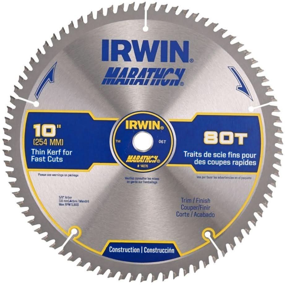 Irwin 14076 MARATHON Miter/Table Carbide Saw Blade 10-in. 80-Tooth 5/8-in. Diamond Arbor - Image 1