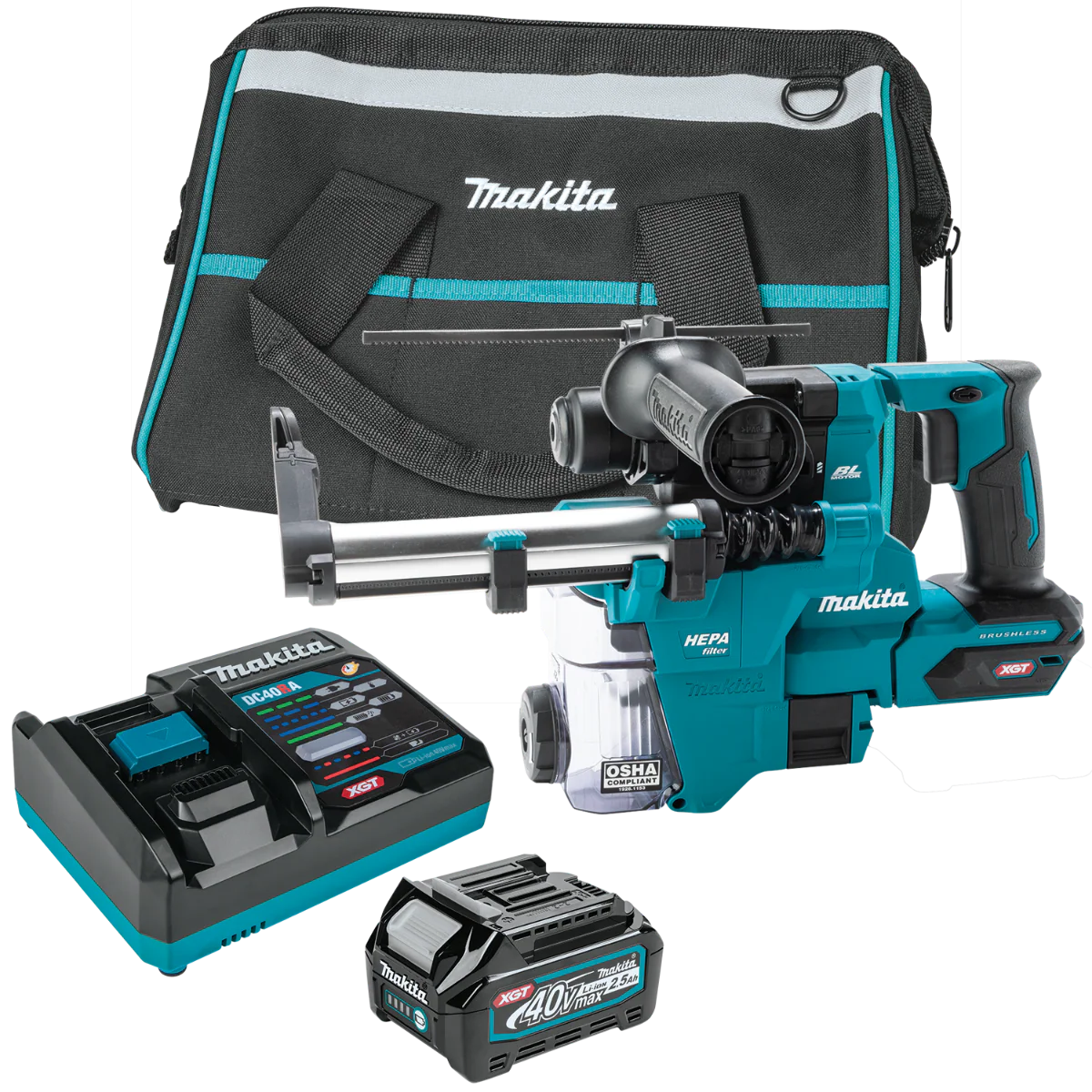 Makita 40V max XGT Brushless Cordless 13/16" SDSPLUS AVT Rotary Hammer Kit w/Dust Extractor, (2.5Ah) plus 5" X-LOCK Paddle Switch Angle Grinder (Bare Tool) - Image 2