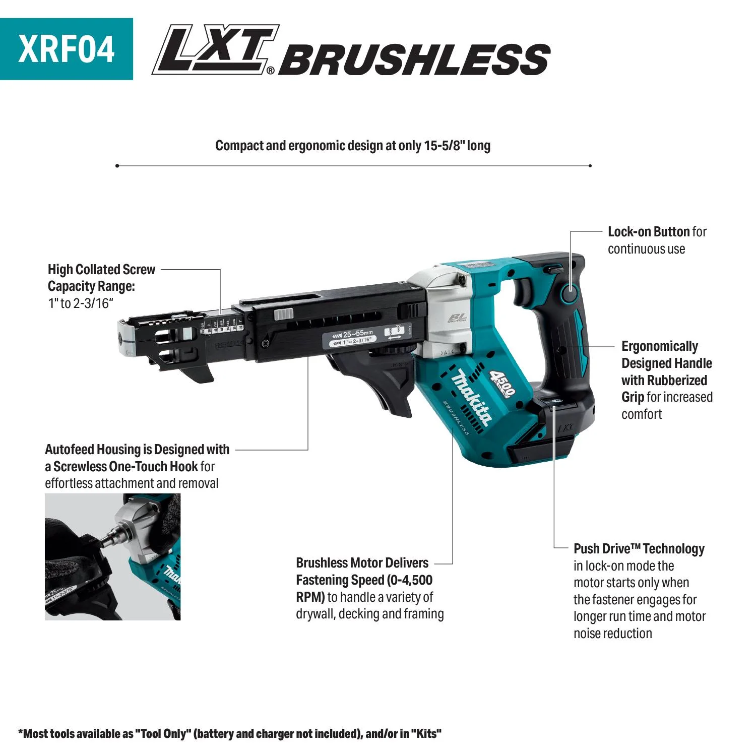 Makita XRF04Z 18V LXT Brushless Cordless 4,500 RPM Autofeed Screwdriver, Tool Only - Image 2