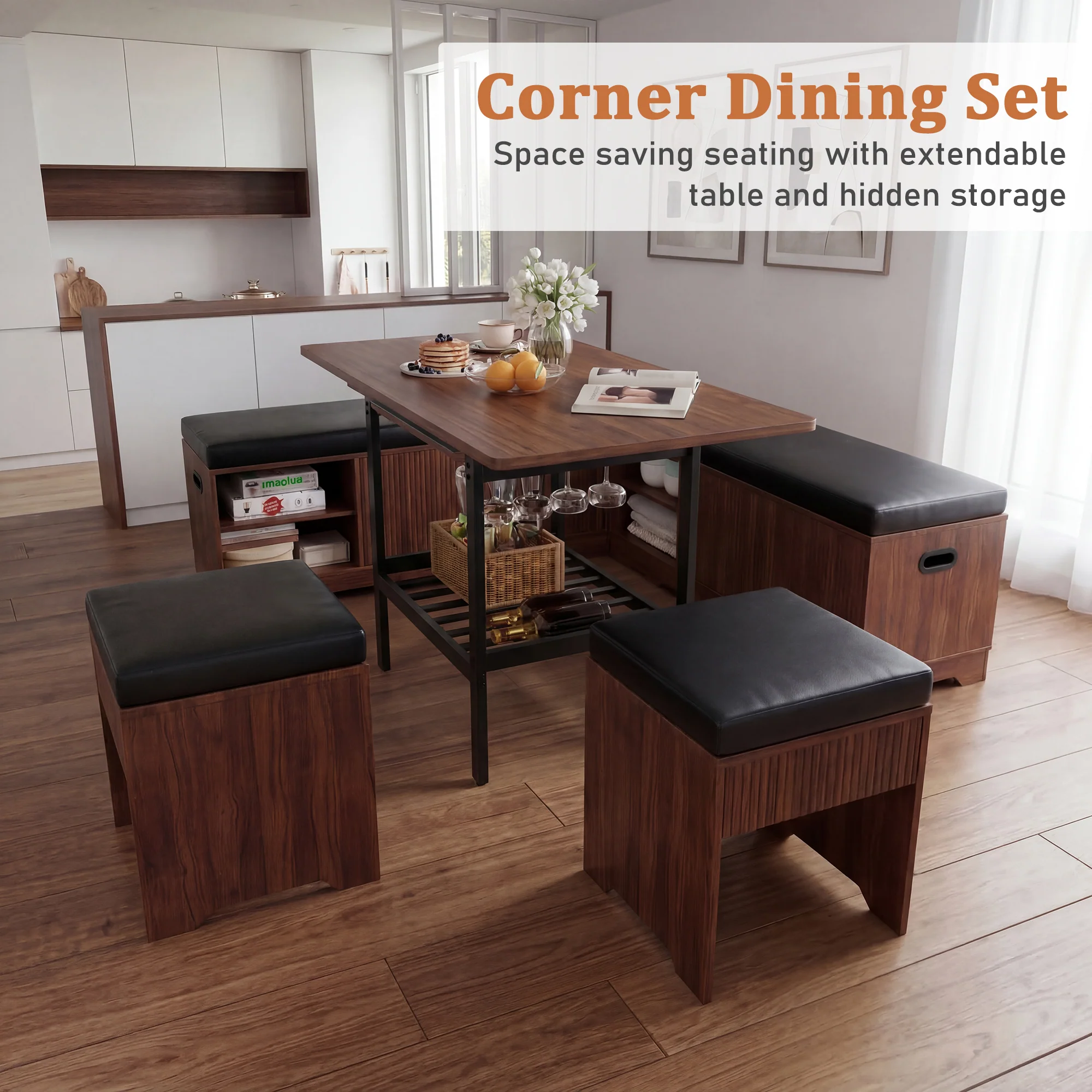 Advwin Extendable Breakfast Nook Set w/ Storage Benches - Image 2