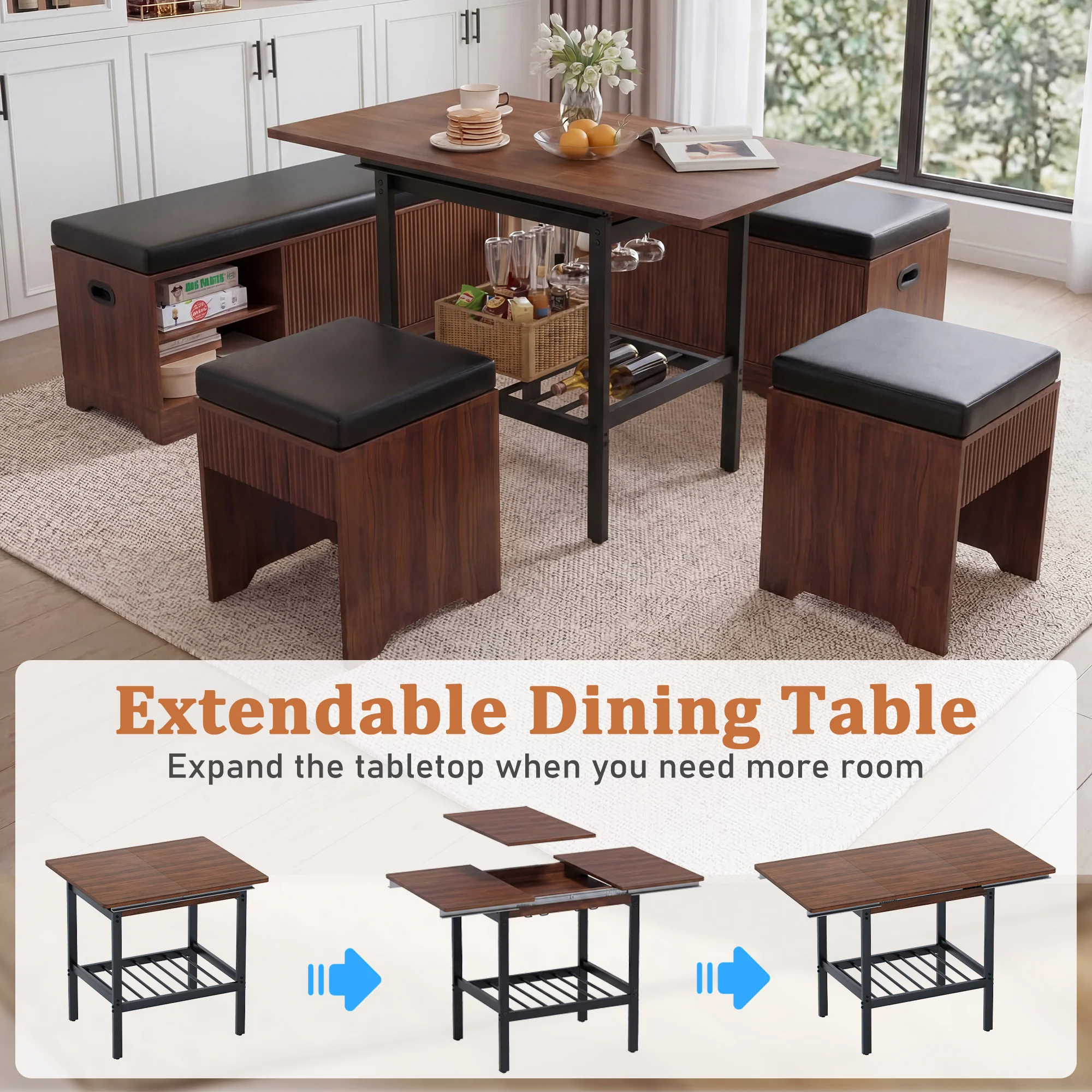 Advwin Extendable Breakfast Nook Set w/ Storage Benches - Image 3