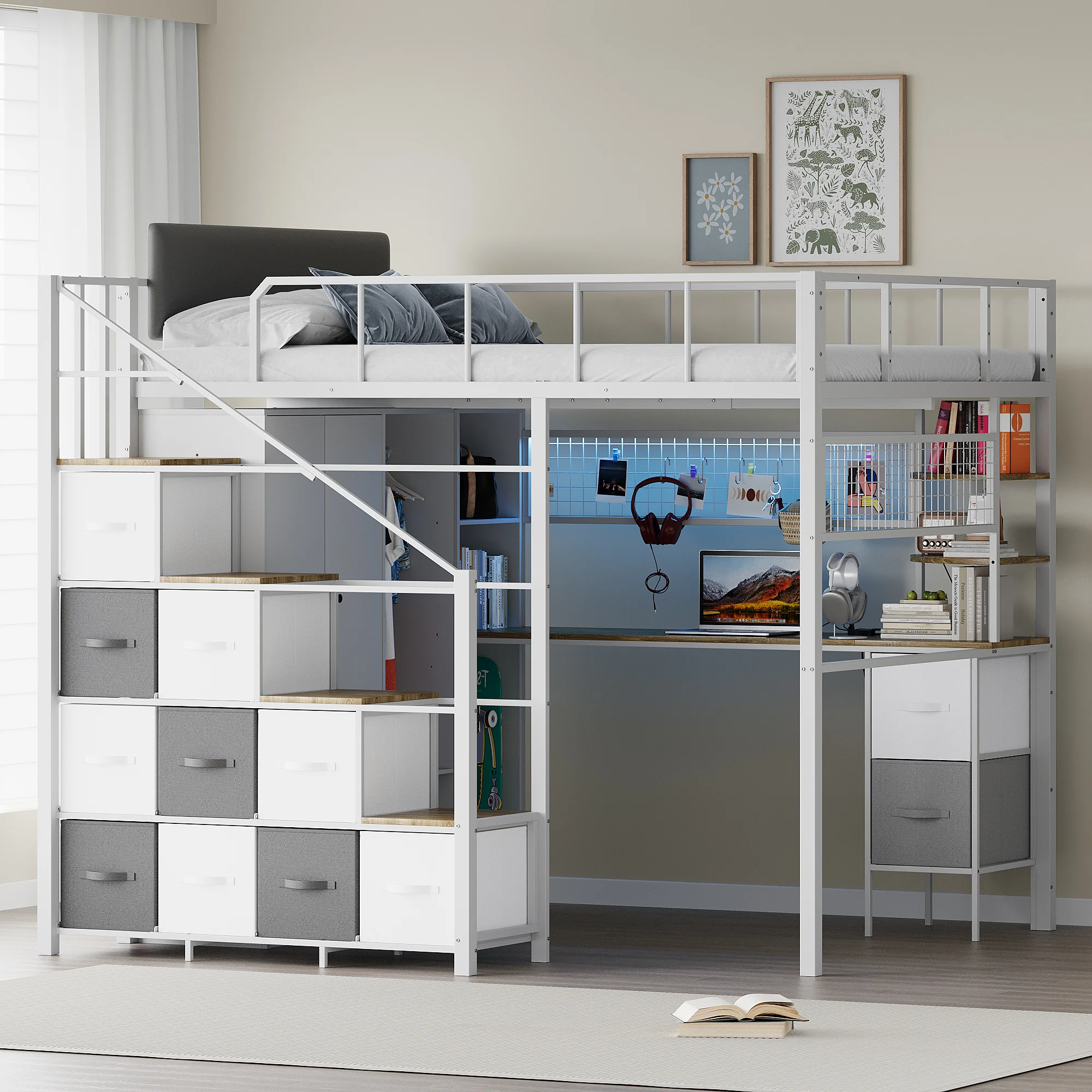 Advwin Space-Saving Loft Bed with LED Light & Drawers - Image 1