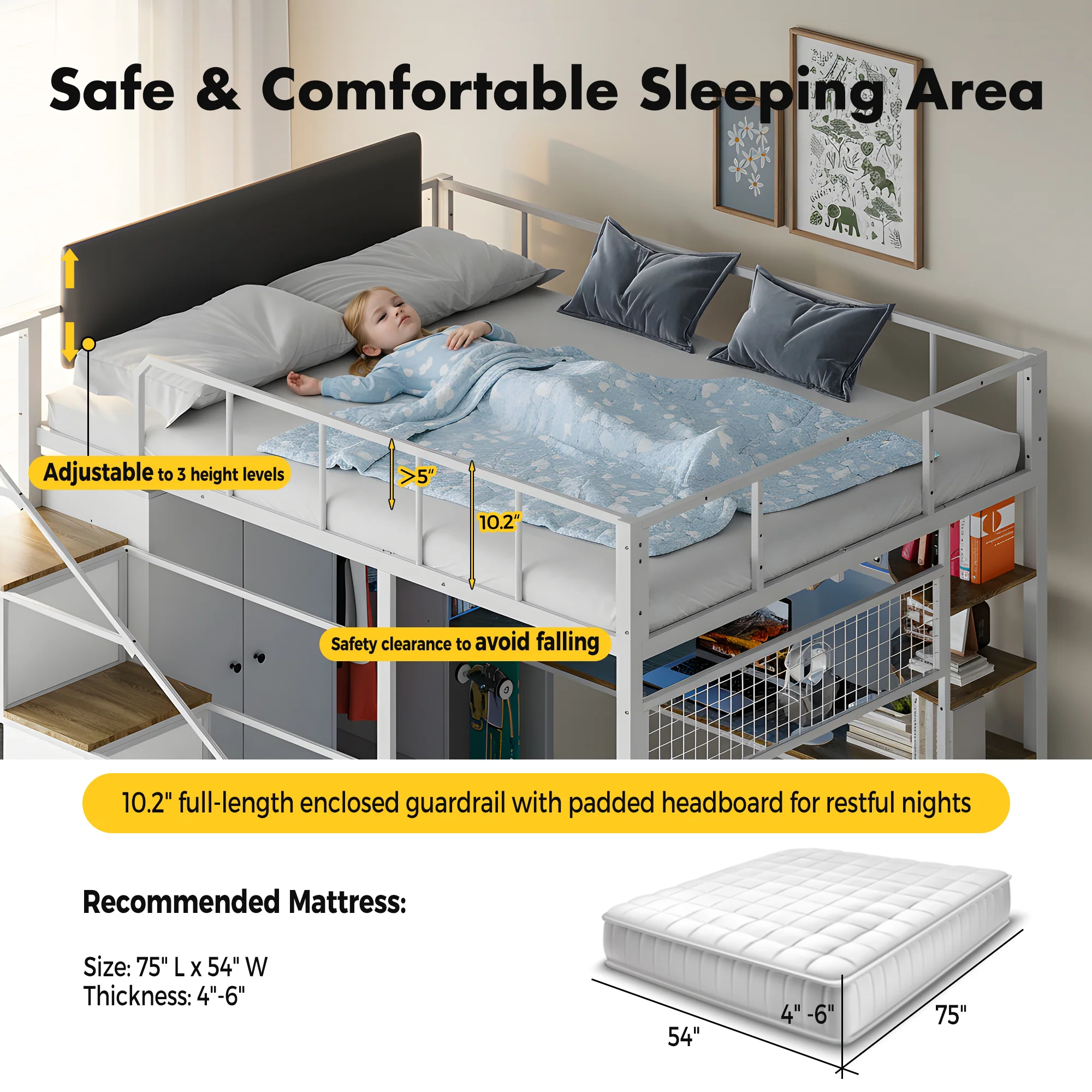Advwin Space-Saving Loft Bed with LED Light & Drawers - Image 2