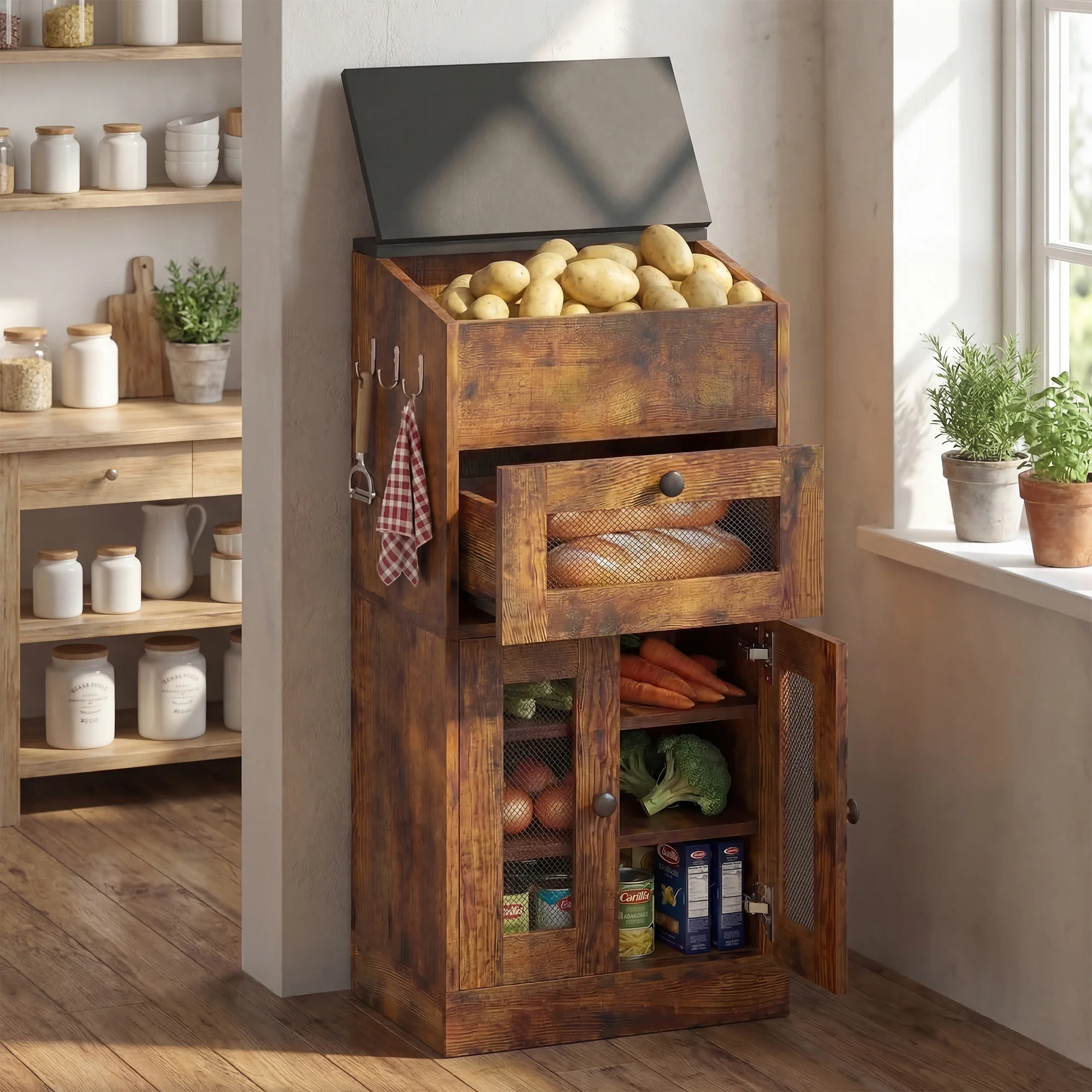 Advwin Multi-Compartment Wooden Fruit & Vegetable Cabinet - Image 1