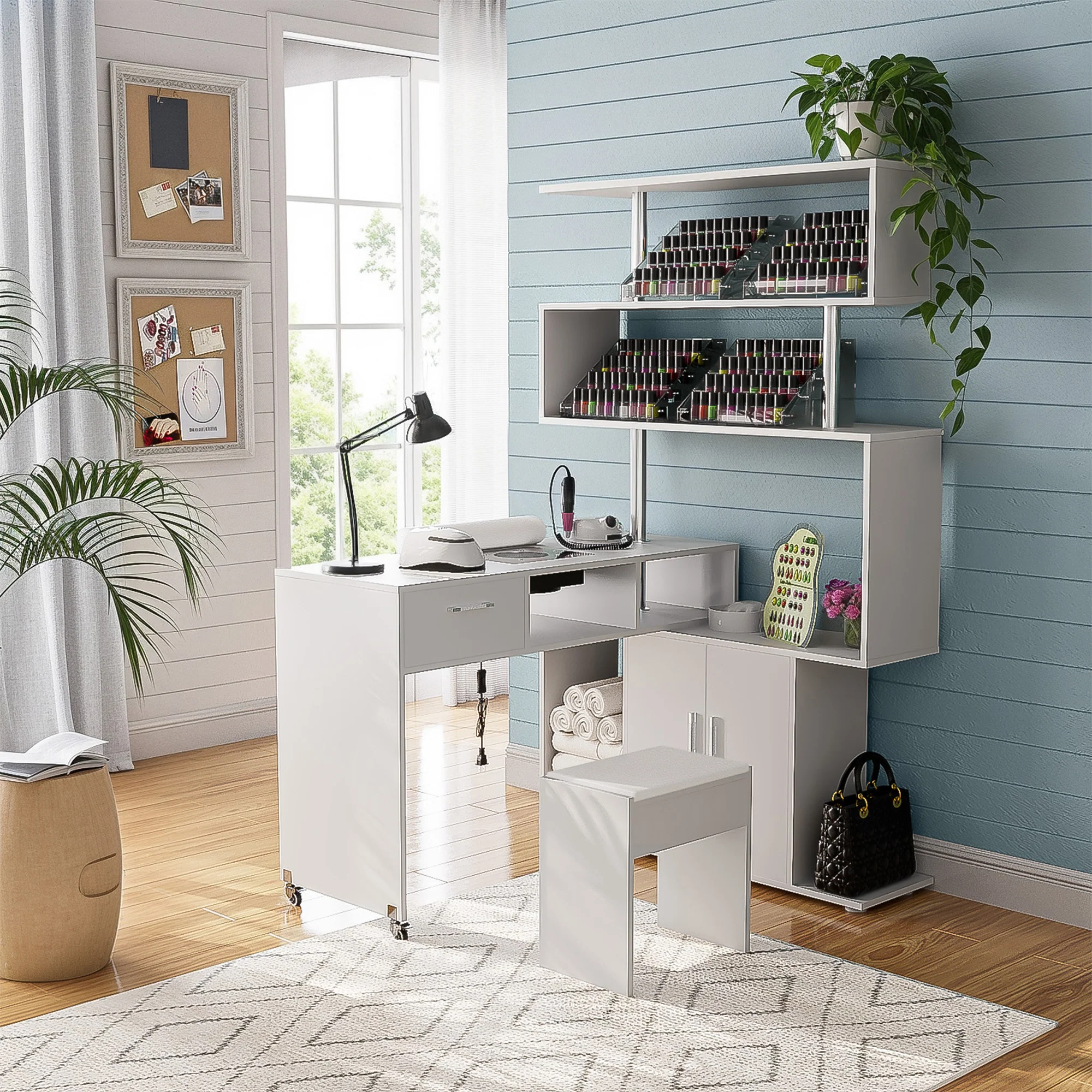 Advwin Rotating Manicure Table Nail Desk with Stool - Image 1