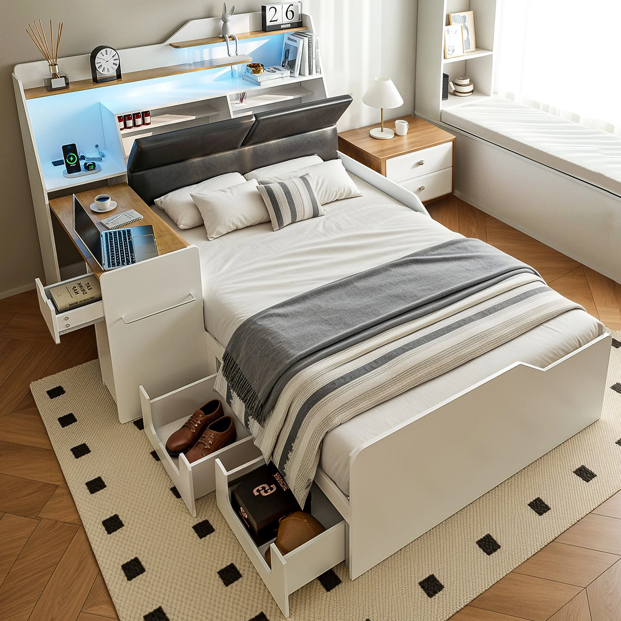 Advwin Platform Bed Frame with Foldable Desk - Image 1