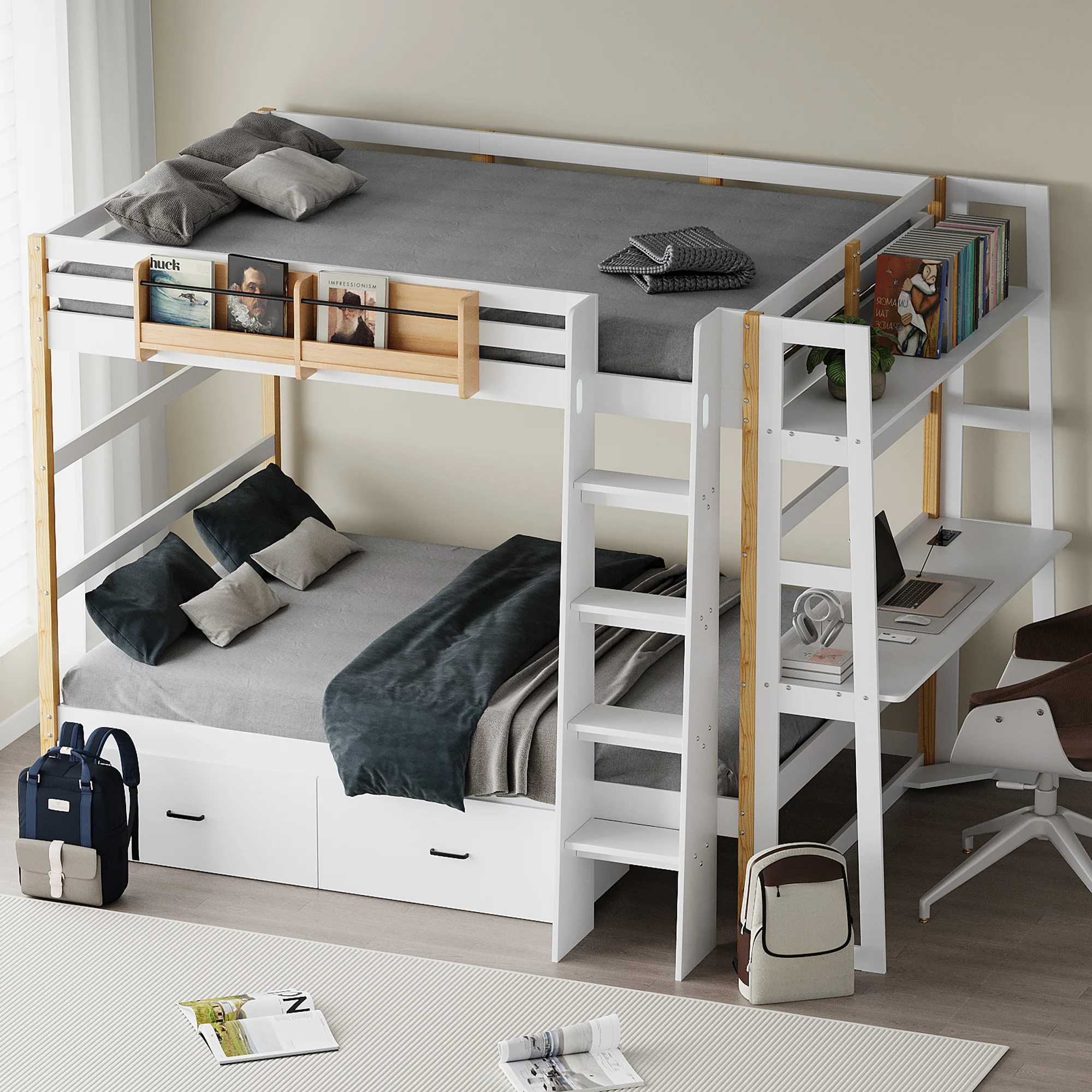 Advwin Solid Wood Bunk Bed with Desk & LED Lights - Image 1