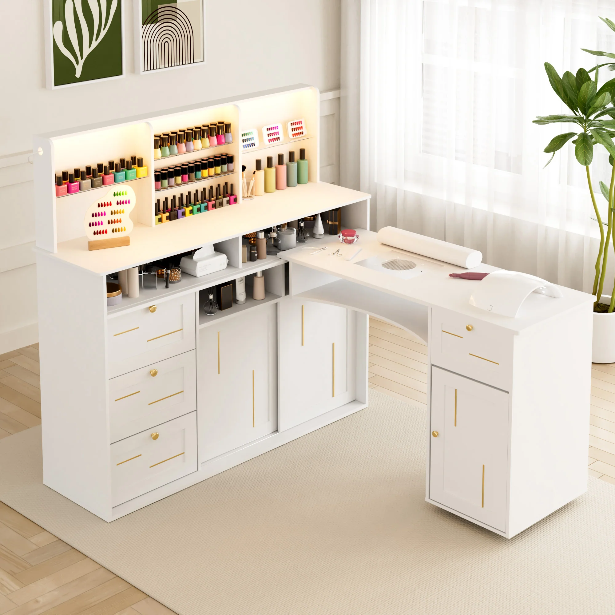 Advwin L-Shaped Nail Desk with Mobile Desktop