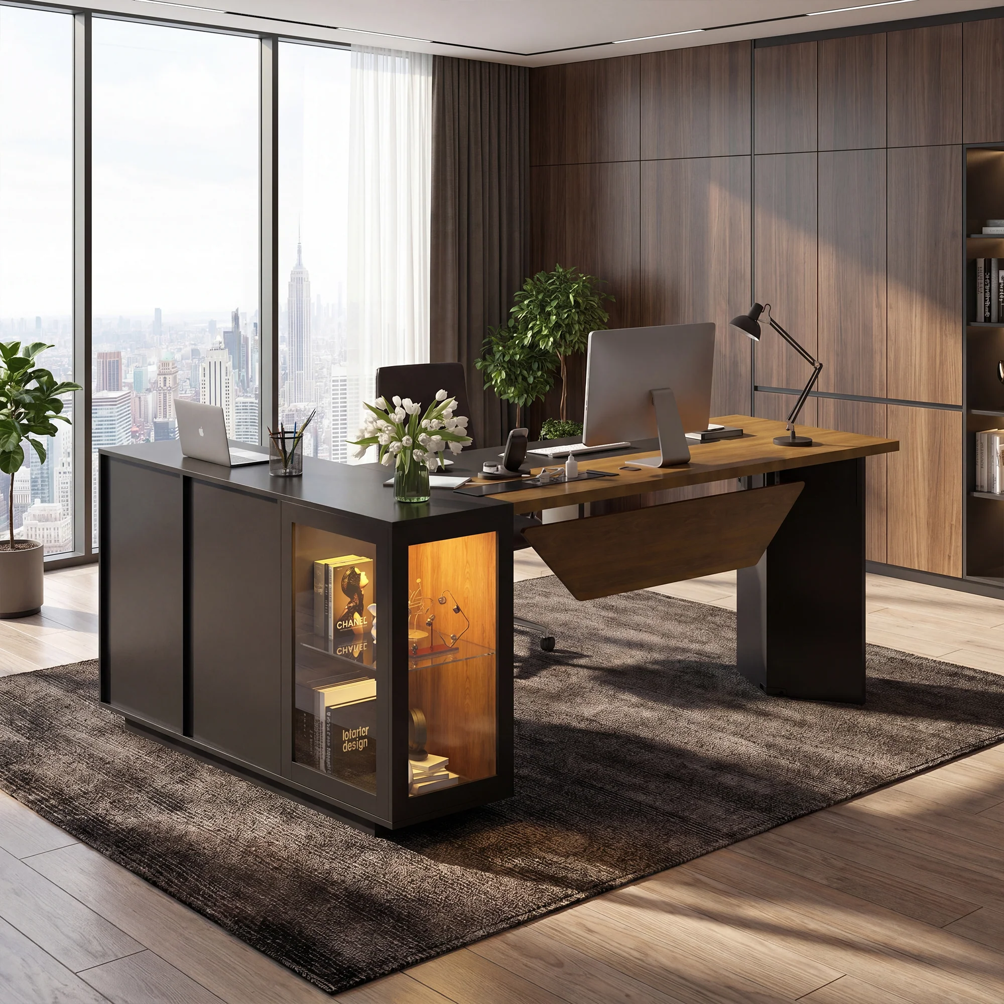 Advwin L-Shaped Executive Desk w/ Glass Display Cabinet - Image 1