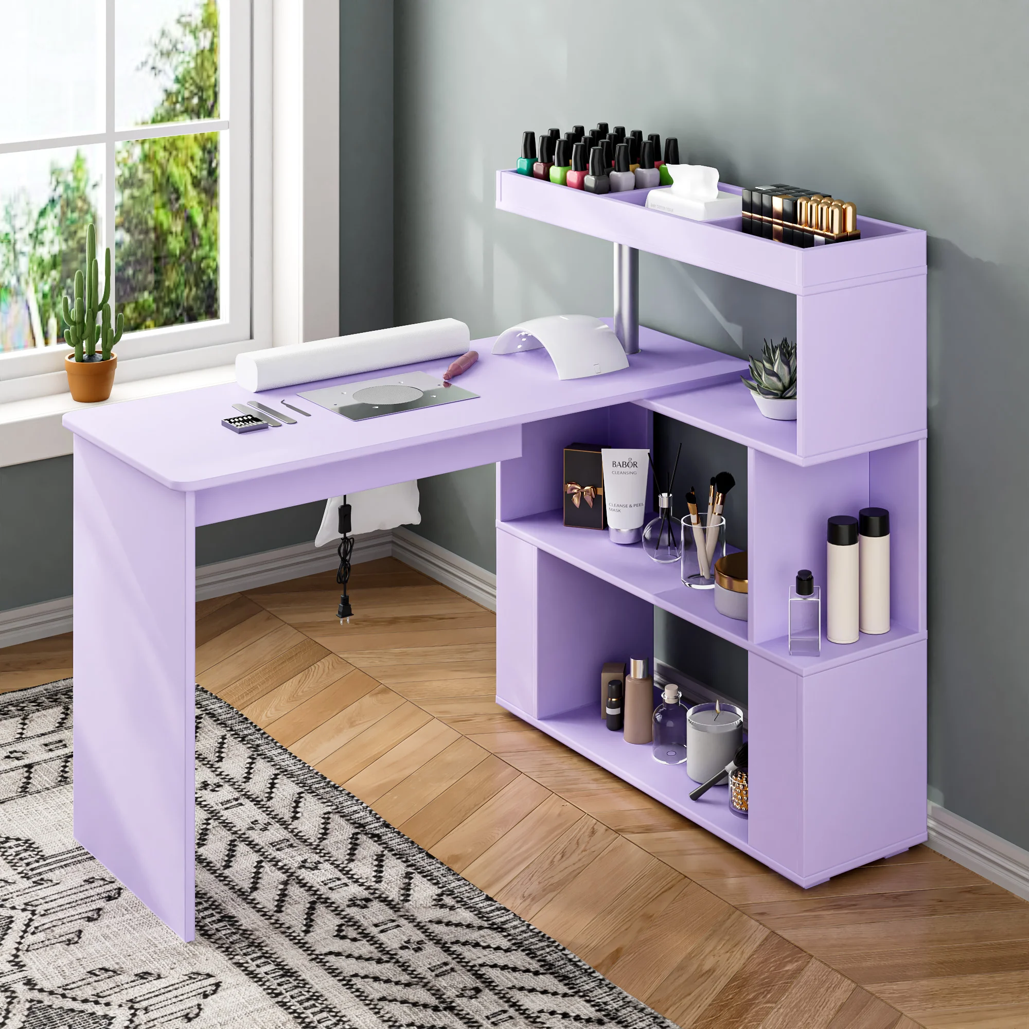 Advwin L-Shaped Rotating Nail Desk with Dust Collector Purple