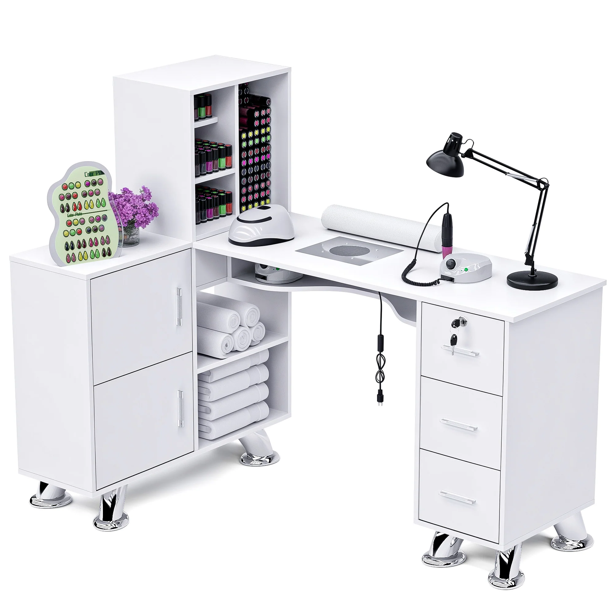 Advwin L-Shaped Manicure Table with Drawers Shelves - Image 3