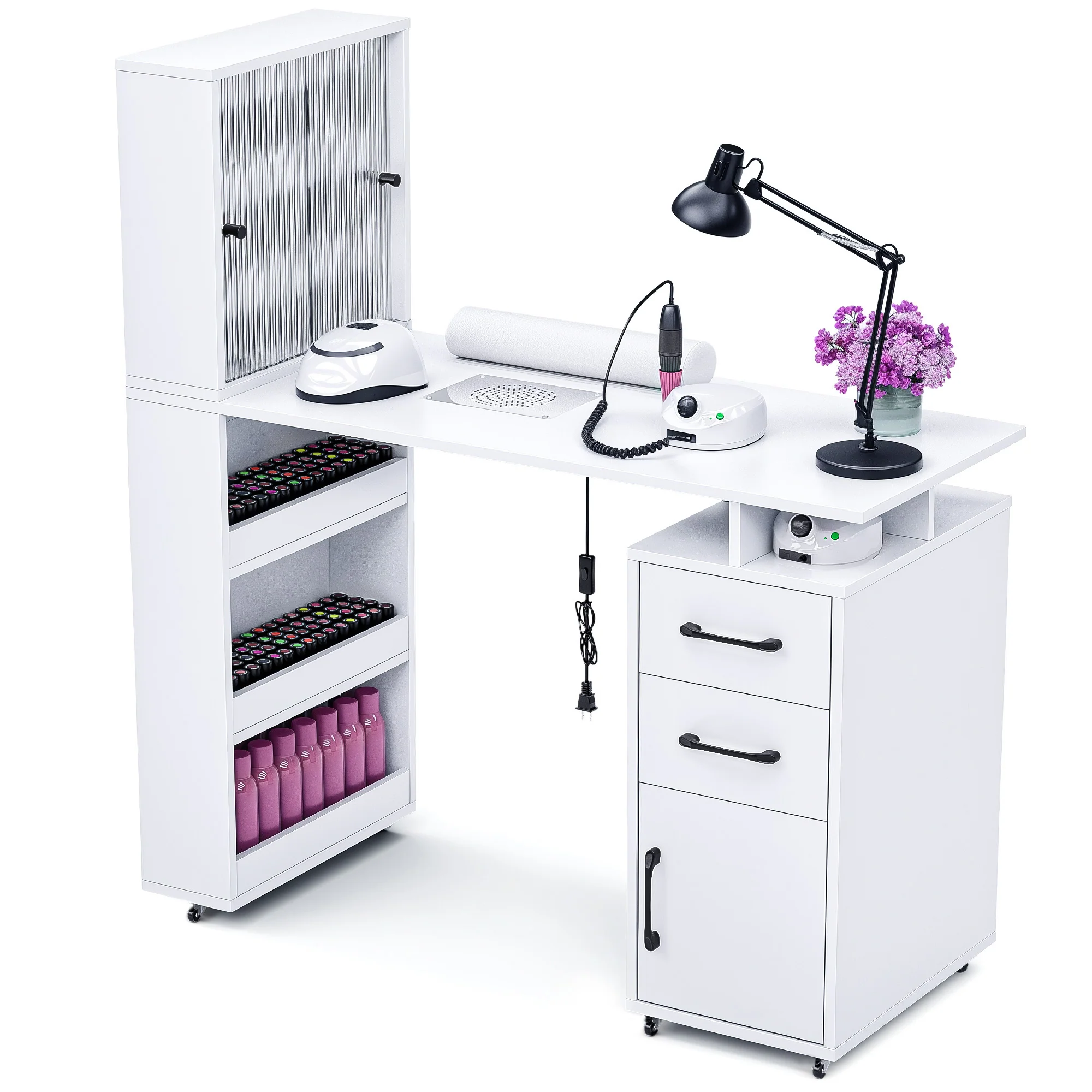 Advwin Nail Table with Glass Door Cabinets & Wheels - Image 3