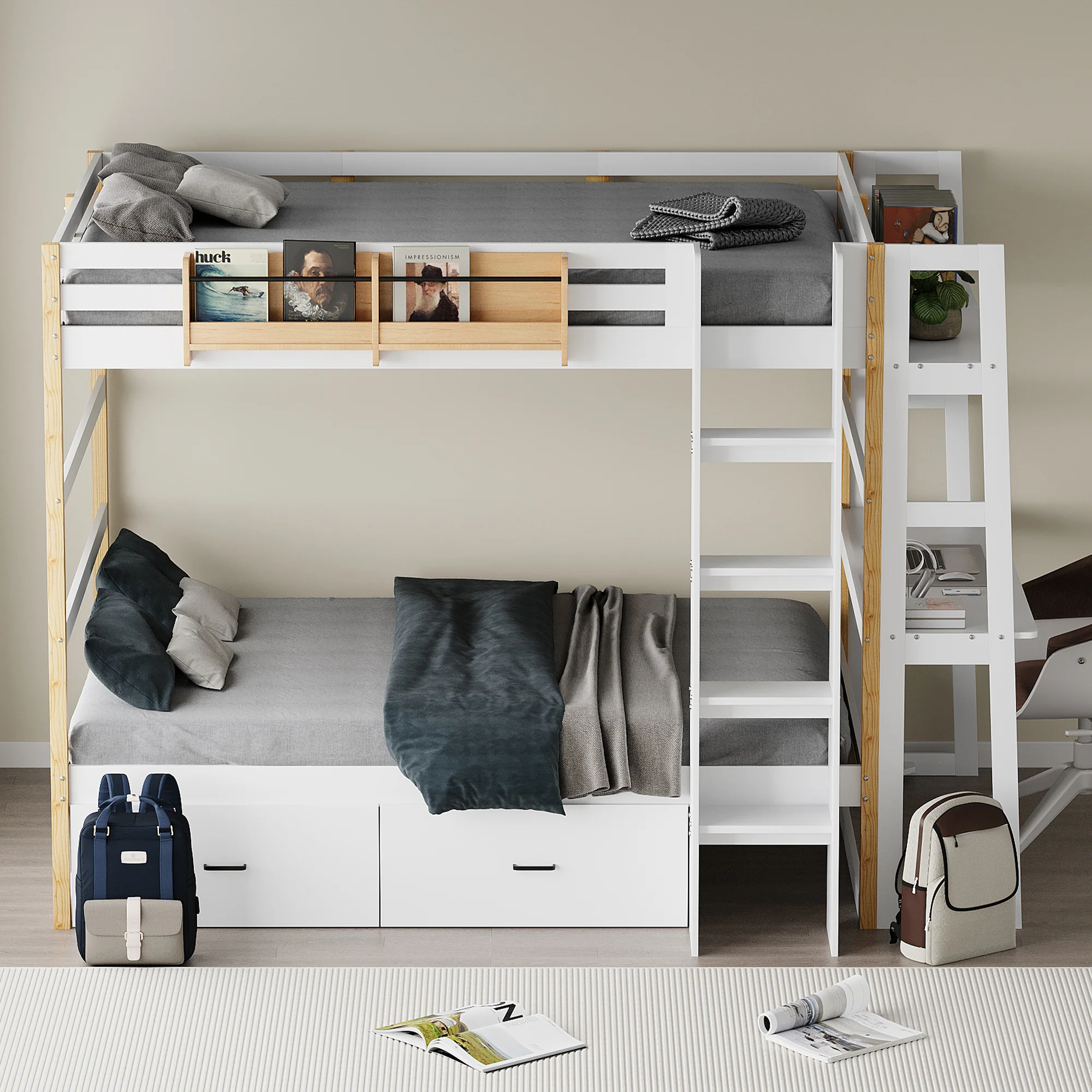 Advwin Solid Wood Bunk Bed with Desk & LED Lights - Image 2