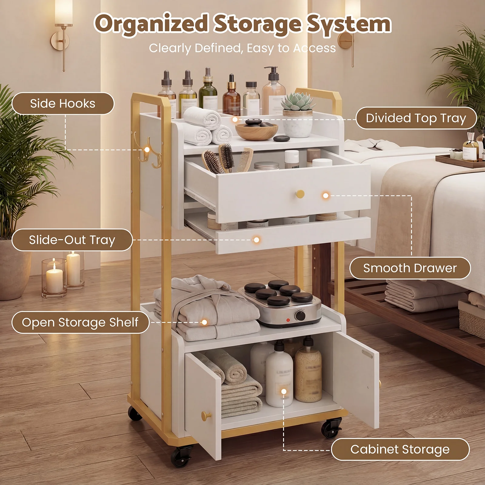 Advwin Spa Salon Trolley with Storage Cabinet - Image 3