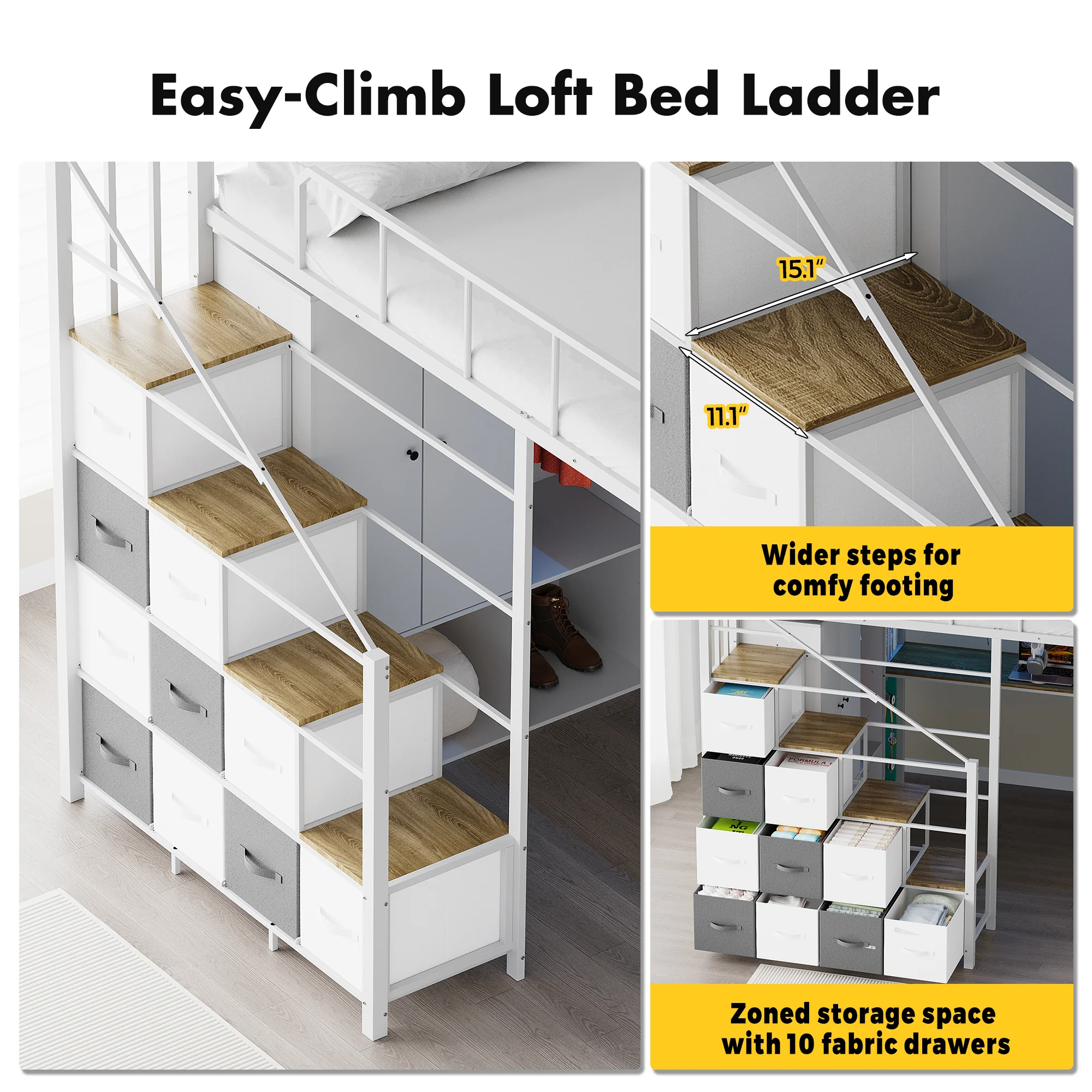 Advwin Space-Saving Loft Bed with LED Light & Drawers - Image 3