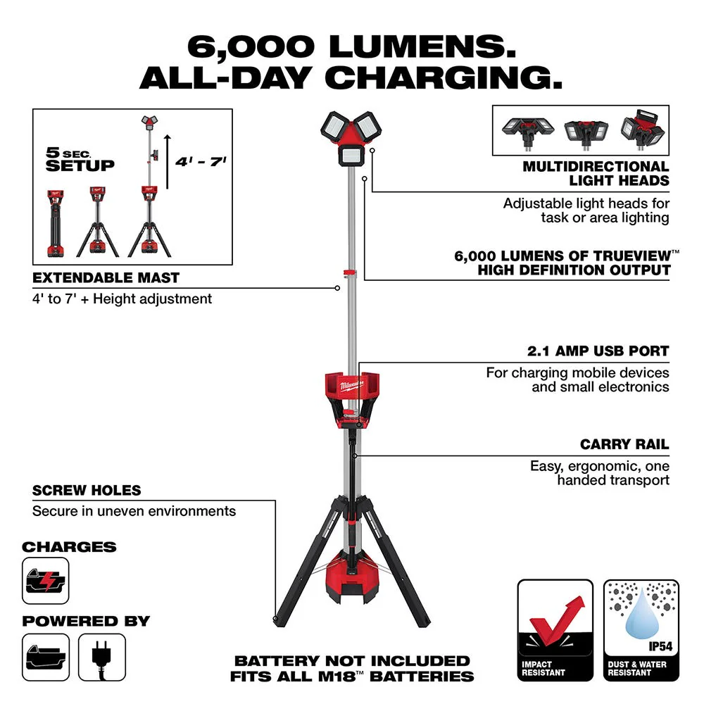 Milwaukee M18 ROCKET Tower Light/Charger + M18 ROVER Compact Folding Flood Light + 5.0Ah Battery - Image 3