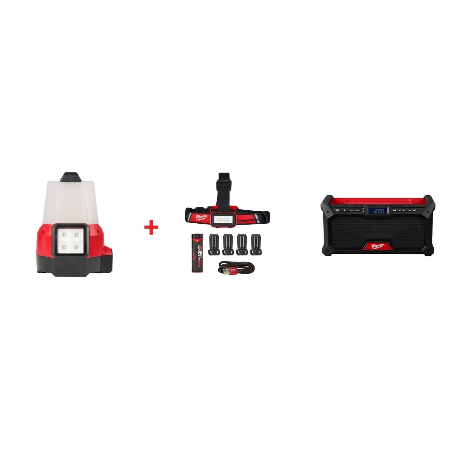 Milwaukee M18 RADIUS Site Light (FM) & Low Profile USB Headlamp Set with M18 Bluetooth Jobsite Radio - Image 1