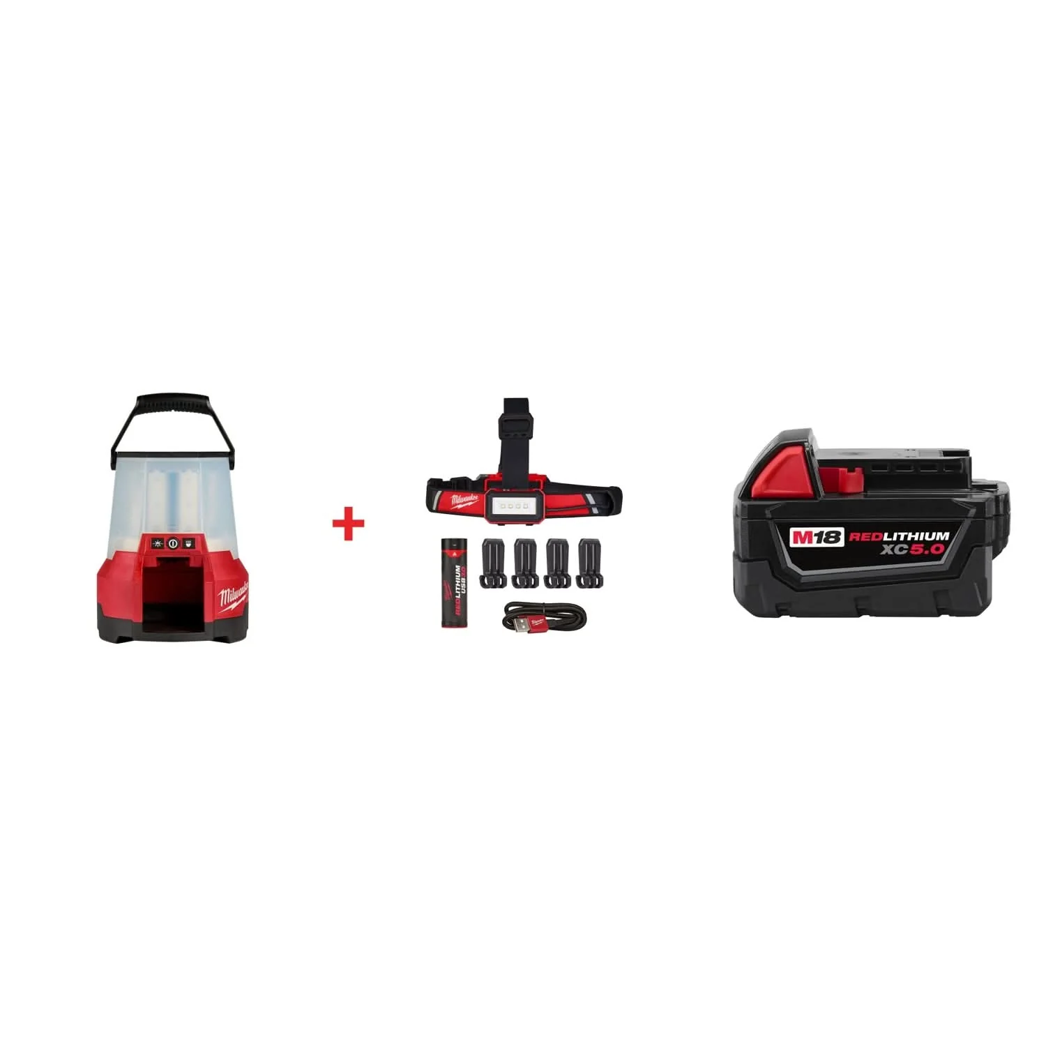 Milwaukee M18 RADIUS LED Site Light & Low Profile USB Headlamp Set with M18 REDLITHIUM XC 5.0Ah Battery - Image 1