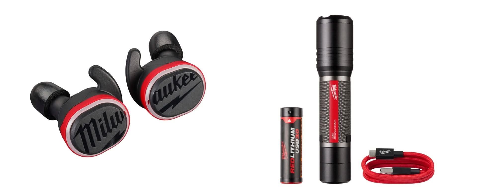 Milwaukee REDLITHIUM USB Bluetooth Jobsite Ear Buds with USB 2,000L Slide Focus Flashlight - Image 1