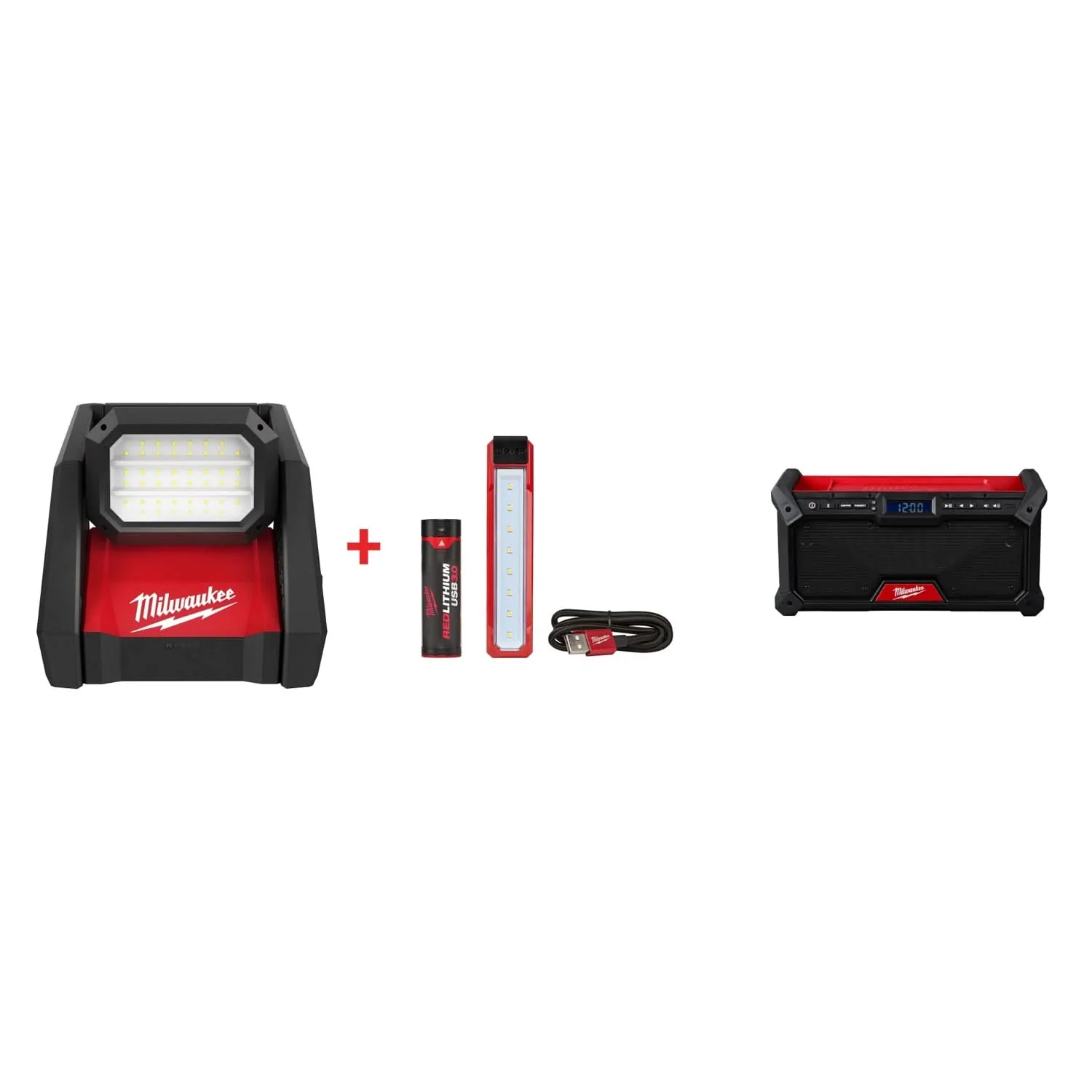 Milwaukee M18 ROVER Flood Light & USB Pocket Flood Light Set with M18 Bluetooth Jobsite Radio - Image 1