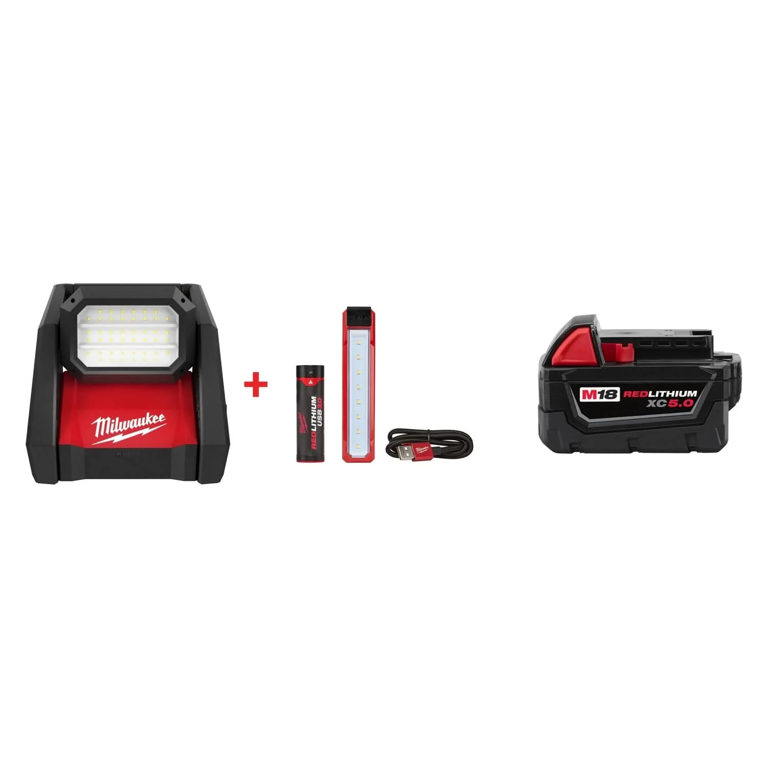 Milwaukee M18 ROVER Flood Light & USB Pocket Flood Light Set with M18 REDLITHIUM XC 5.0Ah Battery - Image 1