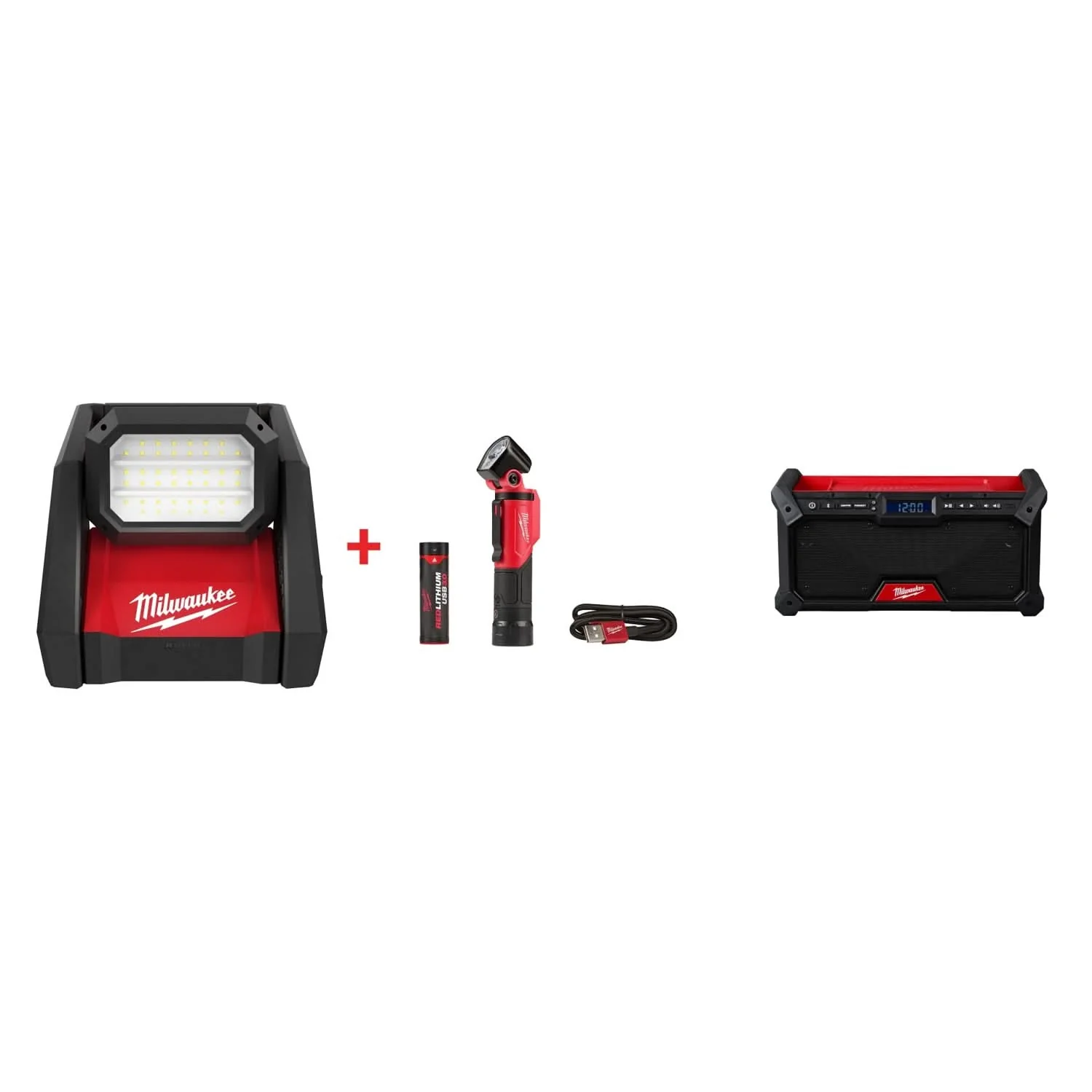 Milwaukee M18 ROVER Flood Light & Pivoting USB Flashlight Set with M18 Bluetooth Jobsite Radio - Image 1