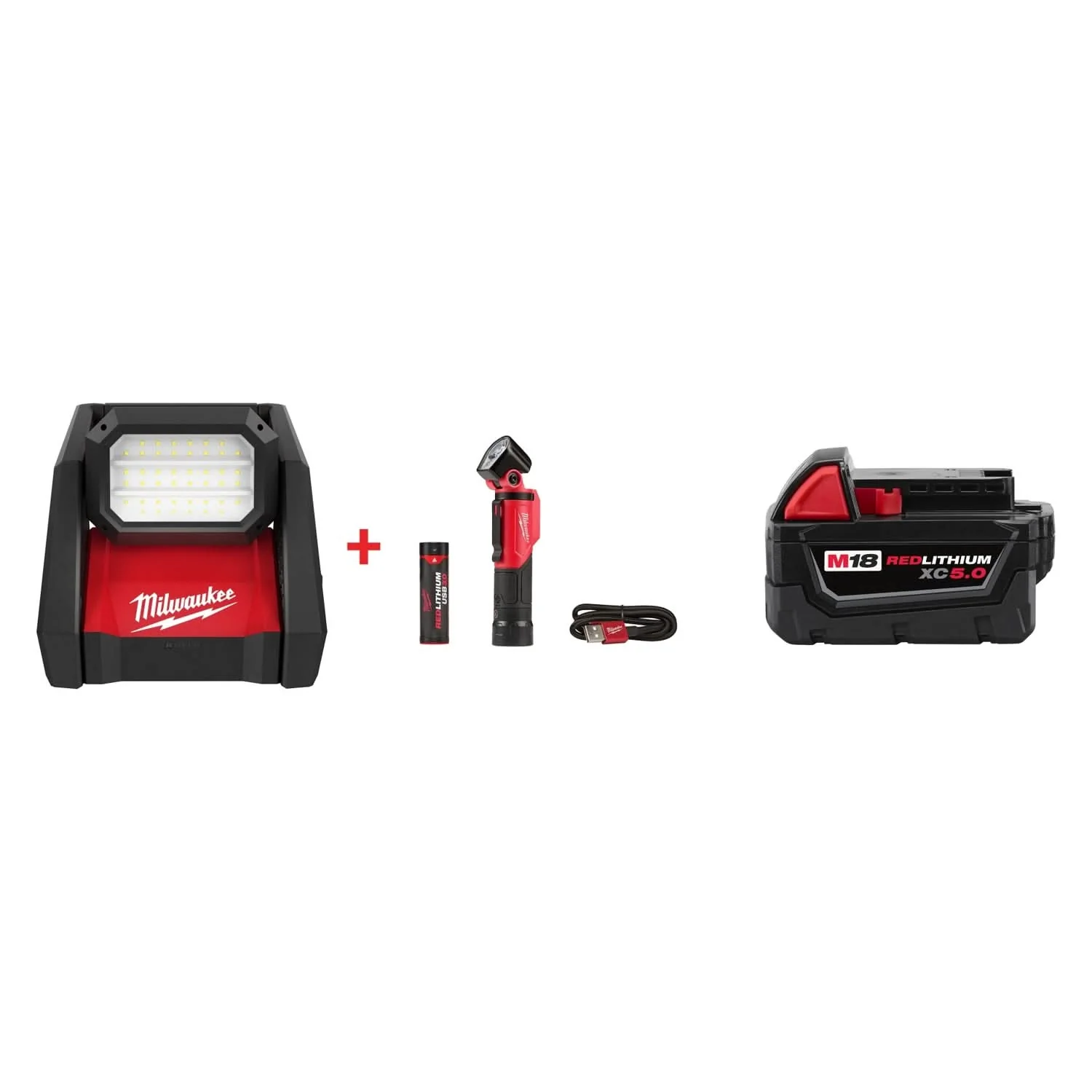 Milwaukee M18 ROVER Flood Light & Pivoting USB Flashlight Set with M18 REDLITHIUM XC 5.0Ah Battery - Image 1