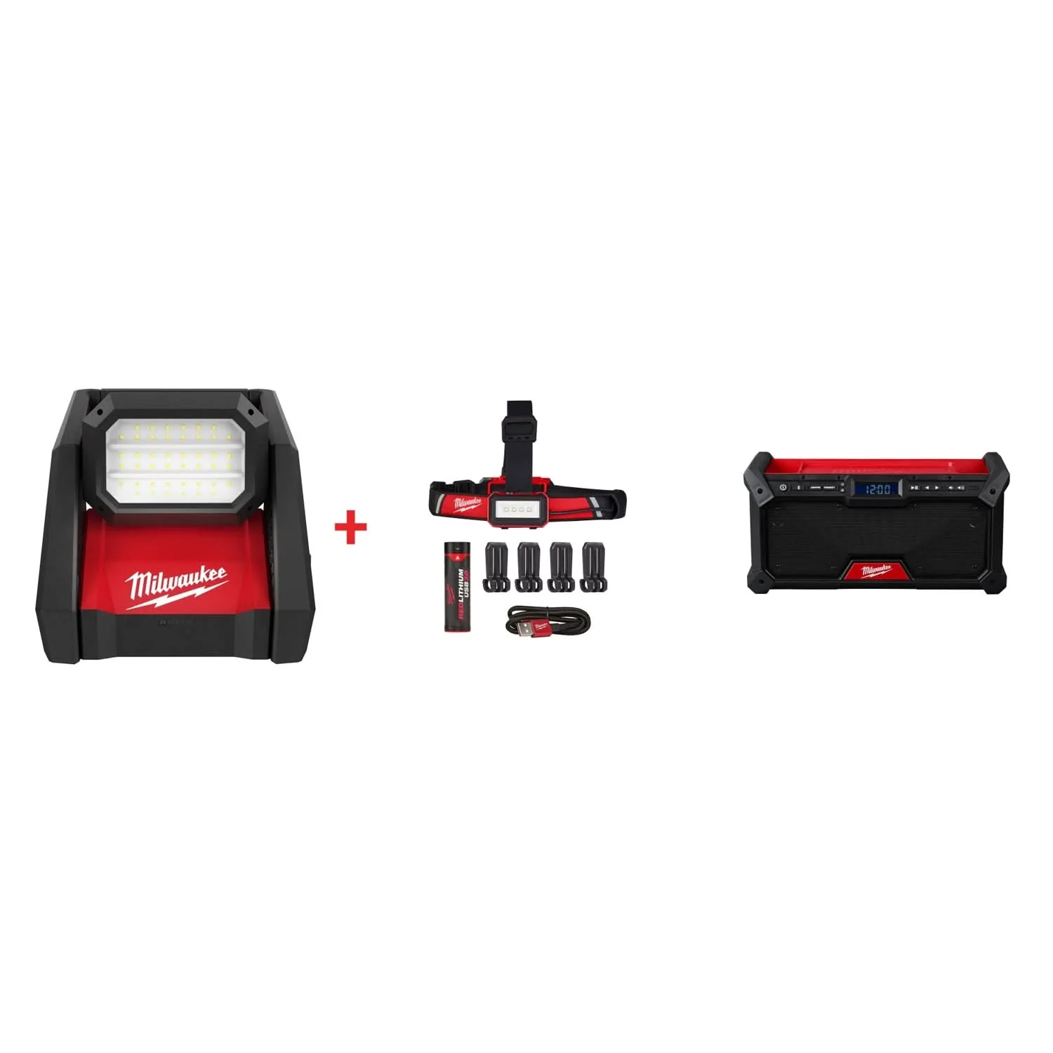 Milwaukee M18 ROVER Flood Light & Low Profile USB Headlamp Set with M18 Bluetooth Jobsite Radio - Image 1