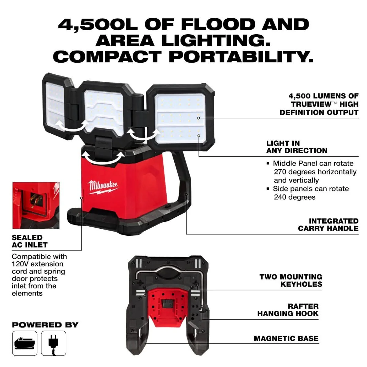 Milwaukee 2368-20 M18 ROVER Dual Power 4500-Lumen Triple-Panel Flood & Area Light, Tool Only - Image 2