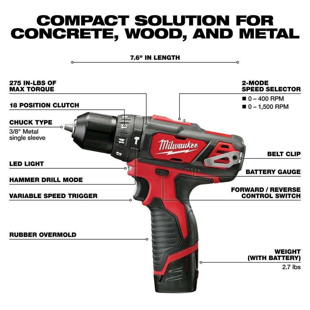 Milwaukee 2408-22 M12 Hammer Drill Kit - Image 3