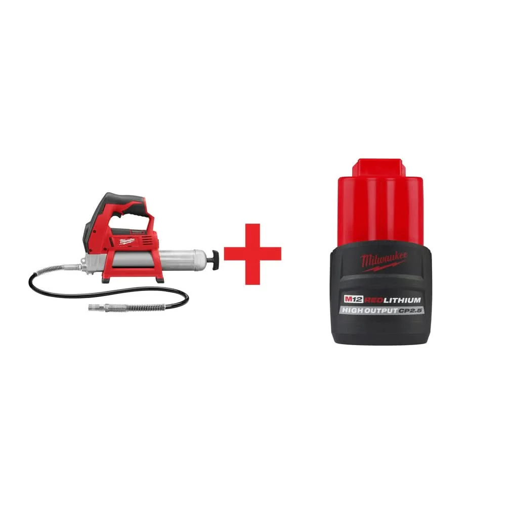 Milwaukee M12 Grease Gun with M12 REDLITHIUM HIGH OUTPUT CP 2.5Ah Battery Pack - Image 1