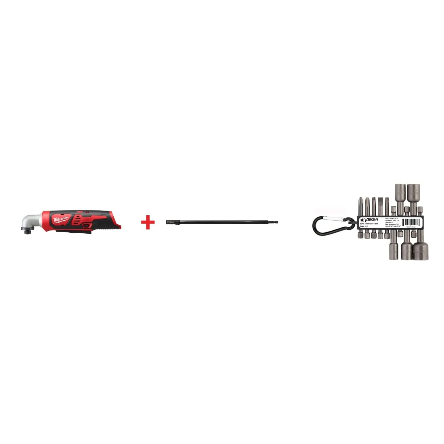 Milwaukee M12 1/4" Hex Right Angle Impact Driver, Tool Only with Vega Spin-Grip 1/4 in. Hex Bit Holder, 12 in. and 10pc Electrician's Set - Image 1