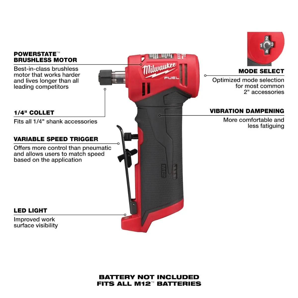 Milwaukee 2485 M12 FUEL Brushless Right Angle Die Grinder w/ CP 2.5Ah Battery - Image 3