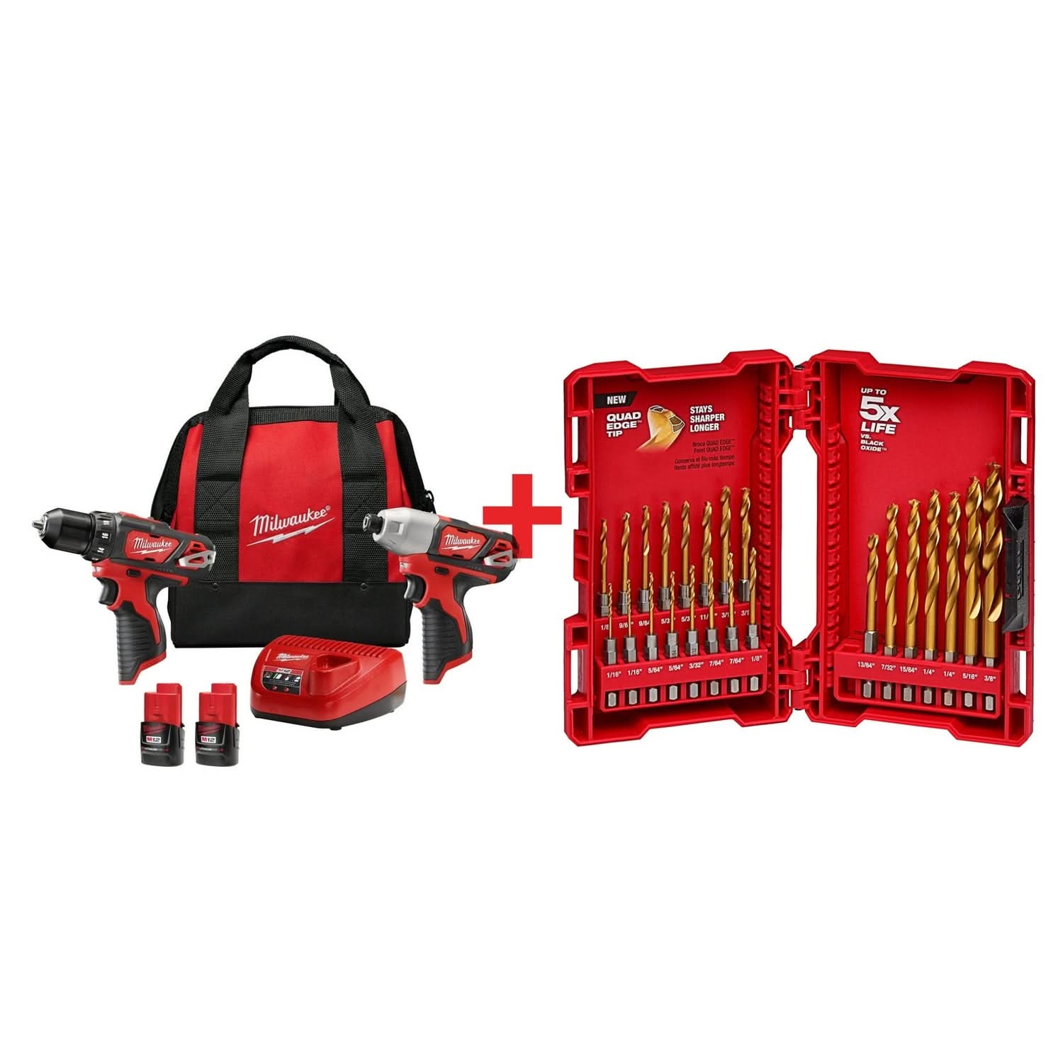 Milwaukee M12 Cordless 2-Tool Combo 1.5Ah Kit with SHOCKWAVE RED HELIX Titanium 23-Piece Drill Bit Set - Image 1
