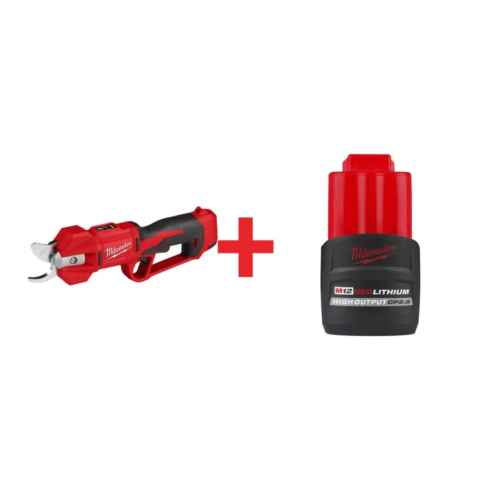 Milwaukee M12 Brushless Pruning Shears with M12 REDLITHIUM HIGH OUTPUT CP 2.5Ah Battery Pack - Image 1