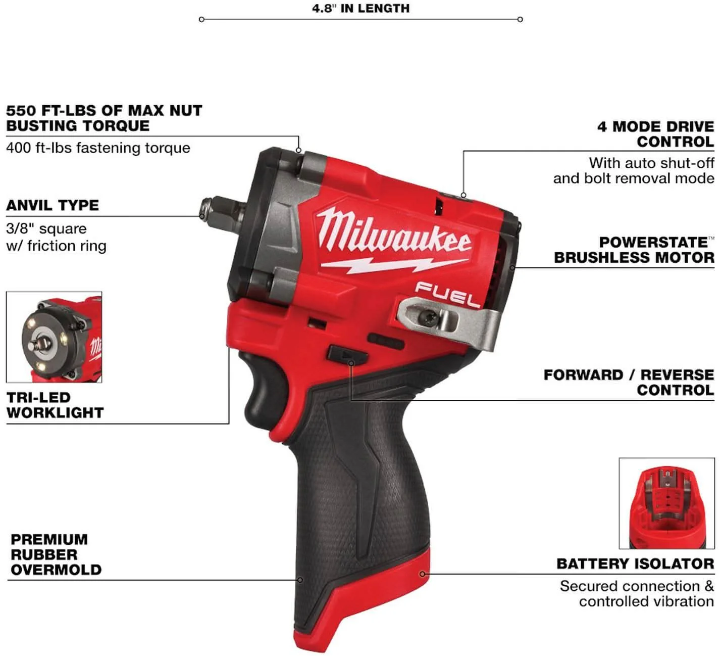 Milwaukee 2562-20 M12 FUEL Stubby 3/8 in. Impact Wrench, Tool Only - Image 3