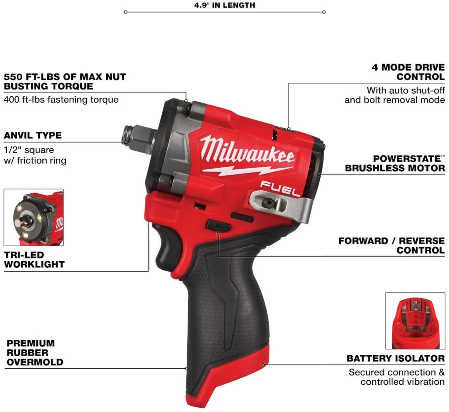 Milwaukee 2563-20 M12 FUEL Stubby 1/2 in. Impact Wrench, Tool Only - Image 3