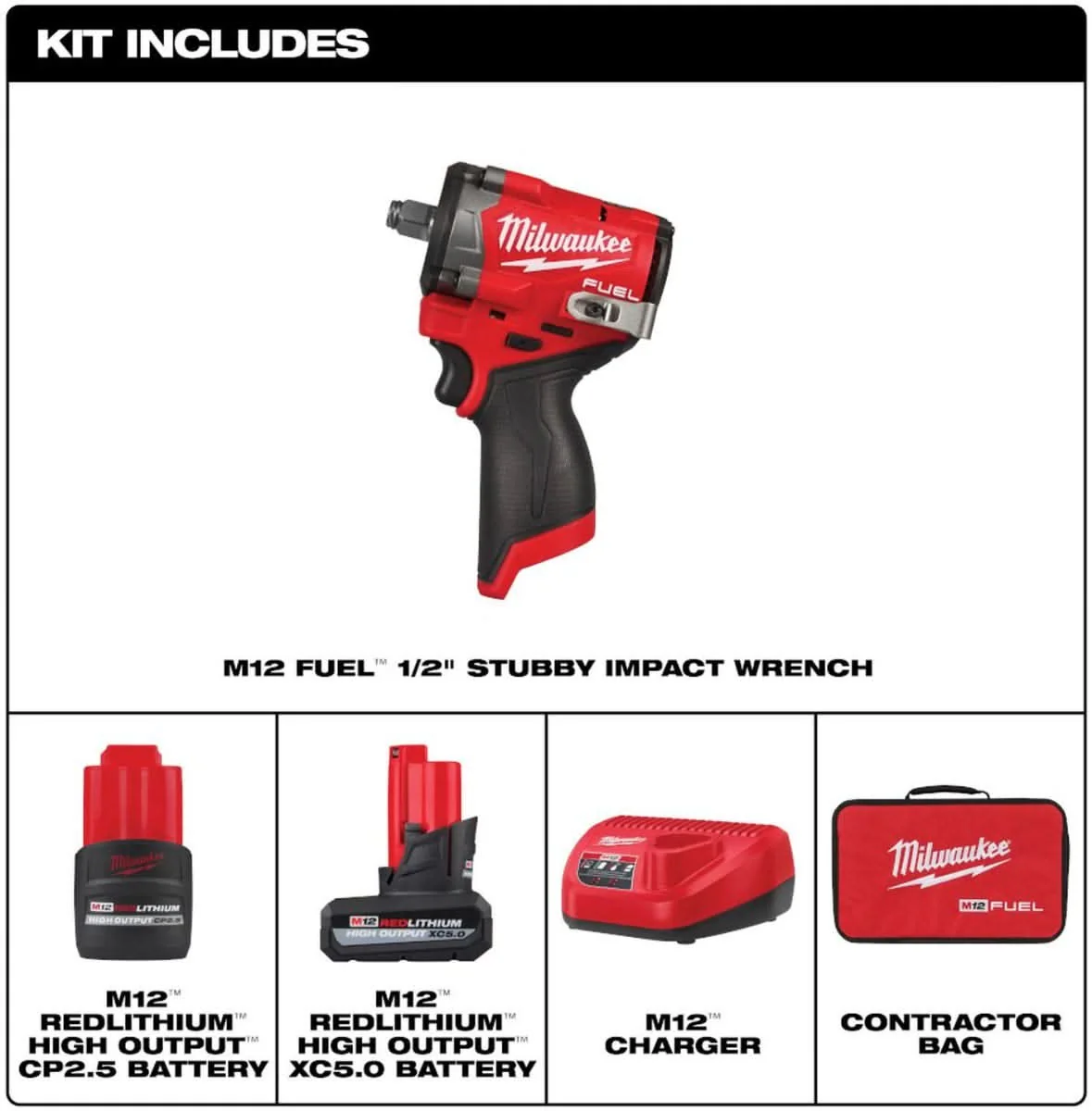 Milwaukee 2563-22 M12 FUEL Stubby 1/2 in. Impact Wrench 5.0Ah / 2.5Ah Kit - Image 2