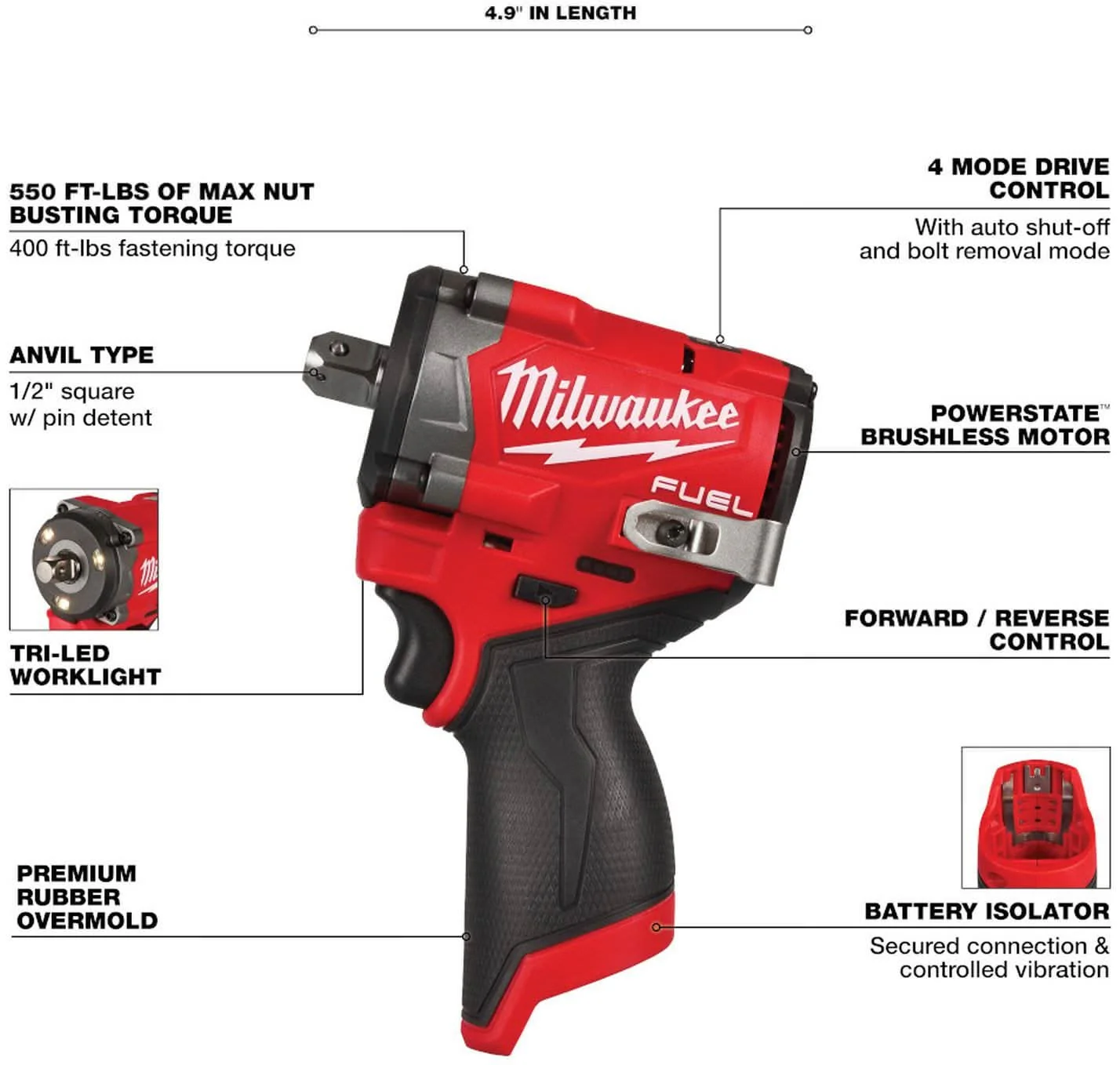 Milwaukee 2563P-20 M12 FUEL Stubby 1/2 in. Impact Wrench w/ Pin Detent, Tool Only - Image 3