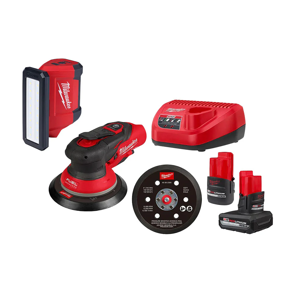 Milwaukee 2584-22CX M12 FUEL 6″ Random Orbital Sander (3/32″) with ROVER 700-Lumen Flood Light 2.5Ah / 5.0Ah Combo Kit
