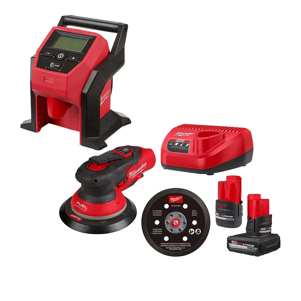Milwaukee 2584-22CX M12 FUEL 6″ Random Orbital Sander (3/32″) with Compact Tire Inflator 2.5Ah / 5.0Ah Combo Kit